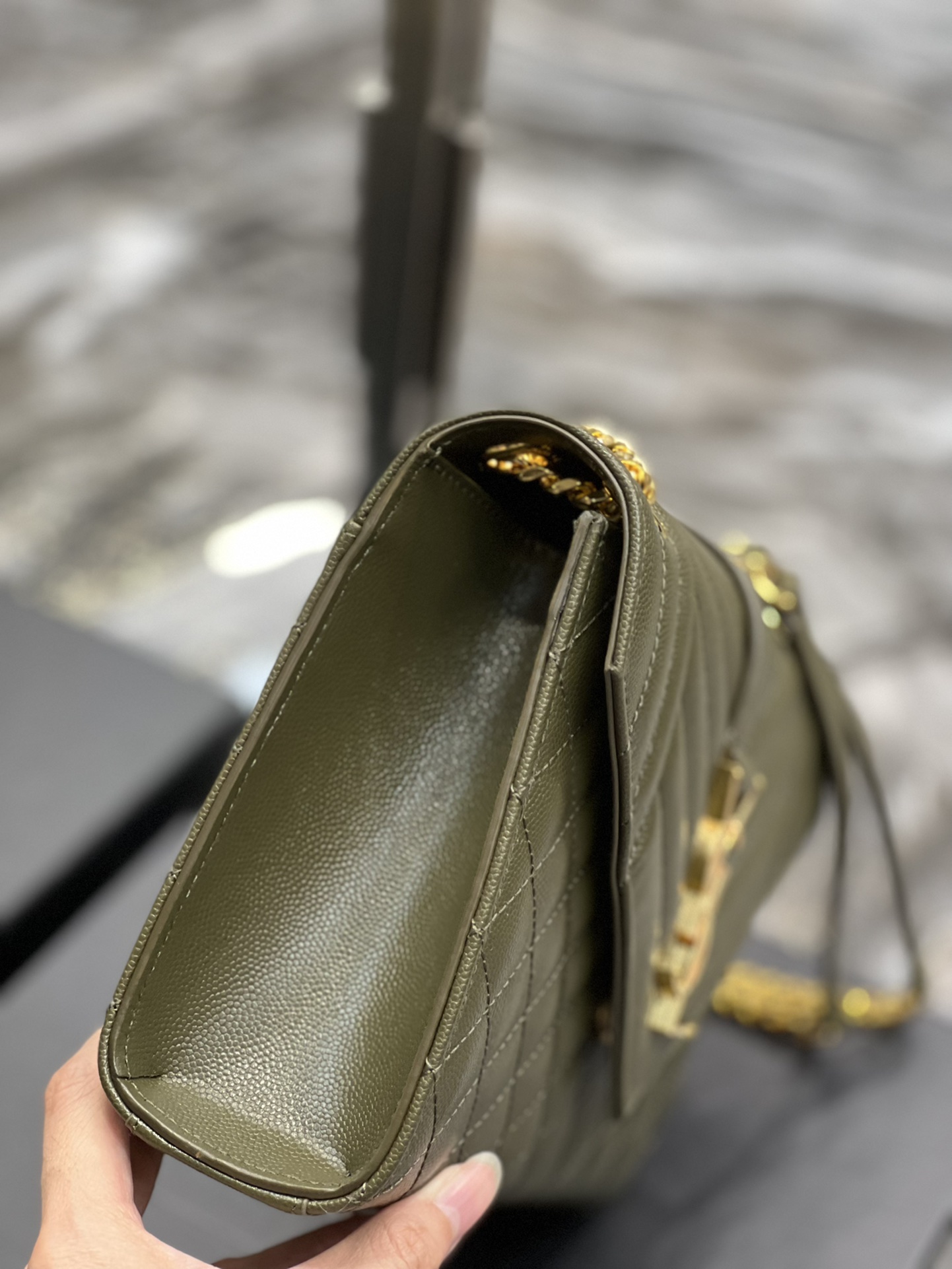 Saint Laurent Envelope Medium Chain Bag Dark Green For Women, Women’s Bags 9.4in/24cm YSL