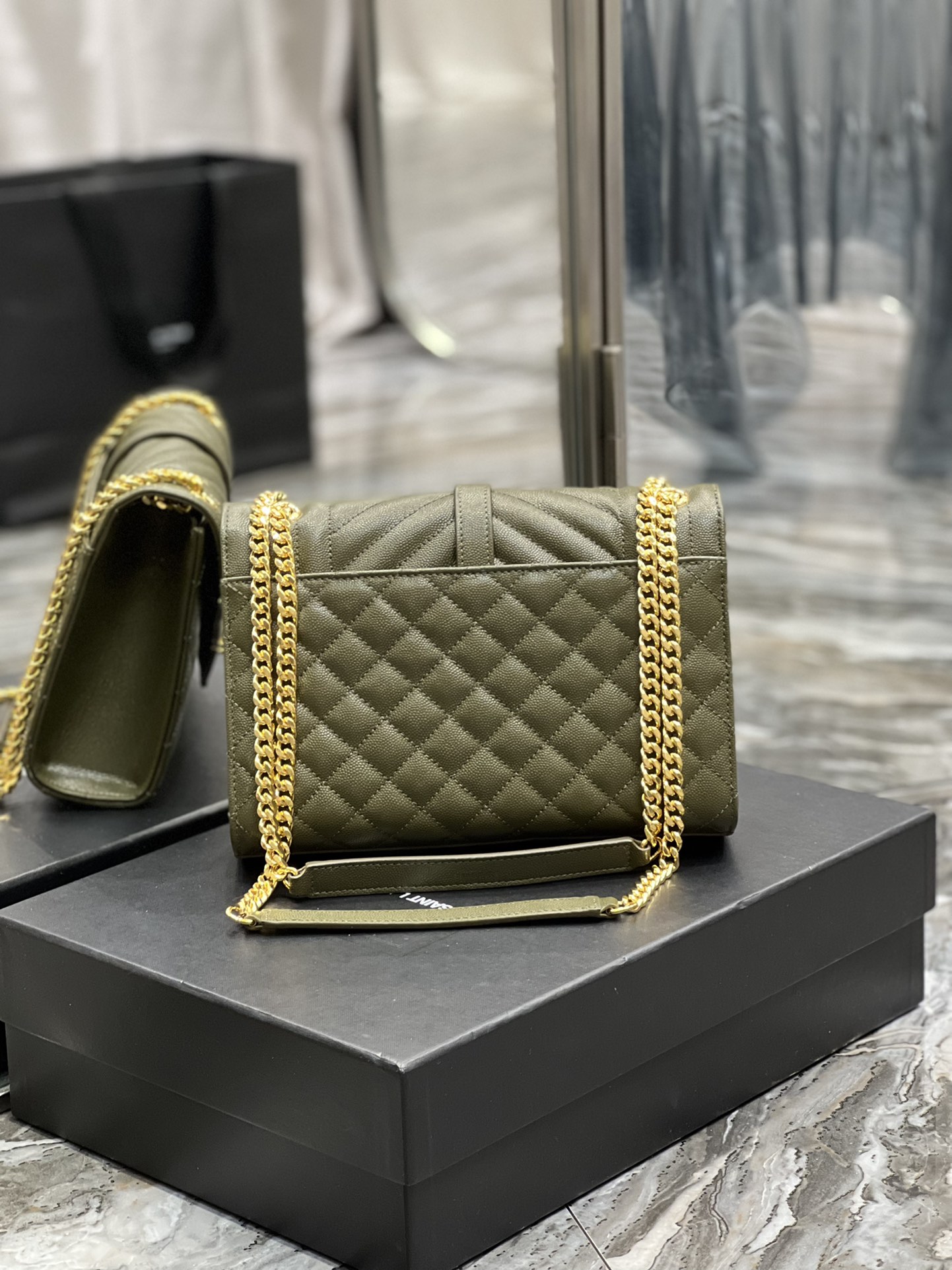 Saint Laurent Envelope Medium Chain Bag Dark Green For Women, Women’s Bags 9.4in/24cm YSL