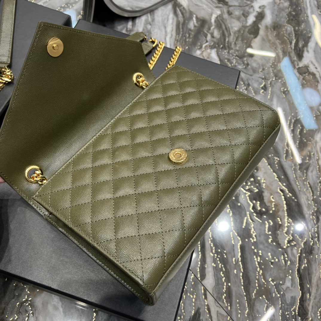 Saint Laurent Envelope Medium Chain Bag Dark Green For Women, Women’s Bags 9.4in/24cm YSL