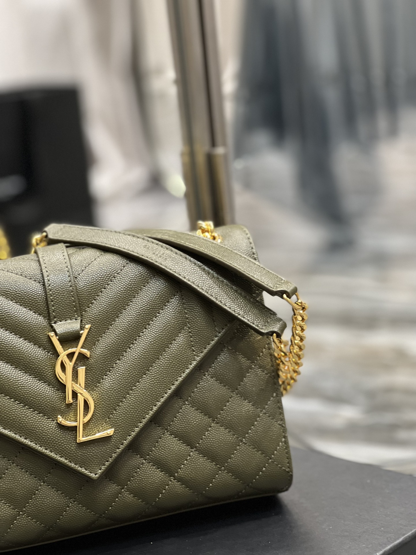 Saint Laurent Envelope Medium Chain Bag Dark Green For Women, Women’s Bags 9.4in/24cm YSL