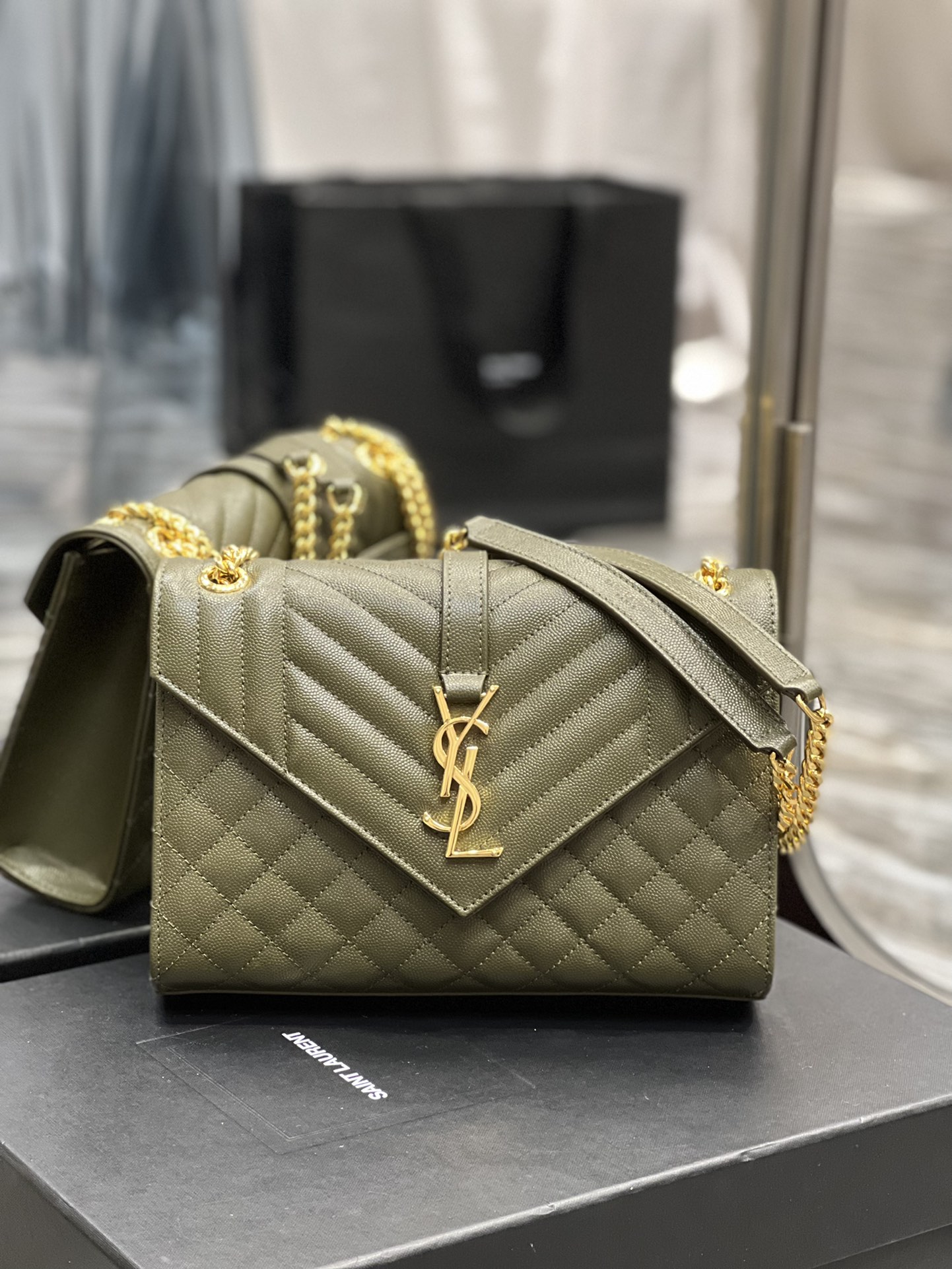 Saint Laurent Envelope Medium Chain Bag Dark Green For Women, Women’s Bags 9.4in/24cm YSL
