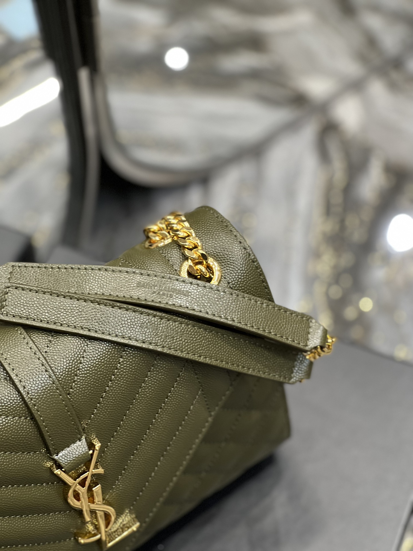 Saint Laurent Envelope Medium Chain Bag Dark Green For Women, Women’s Bags 9.4in/24cm YSL