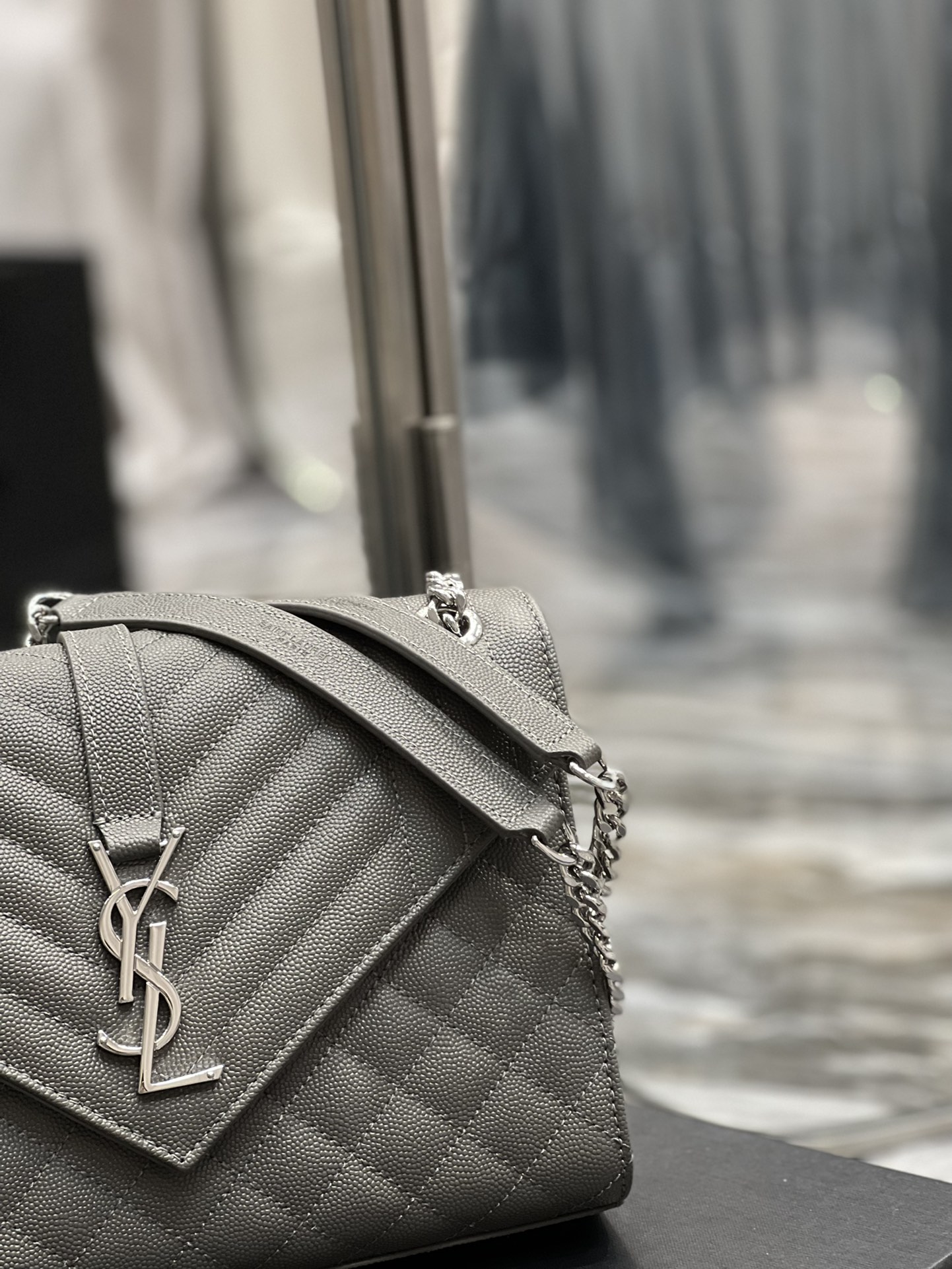 Saint Laurent Envelope Medium Chain Bag Dark Grey For Women, Women’s Bags 9.4in/24cm YSL