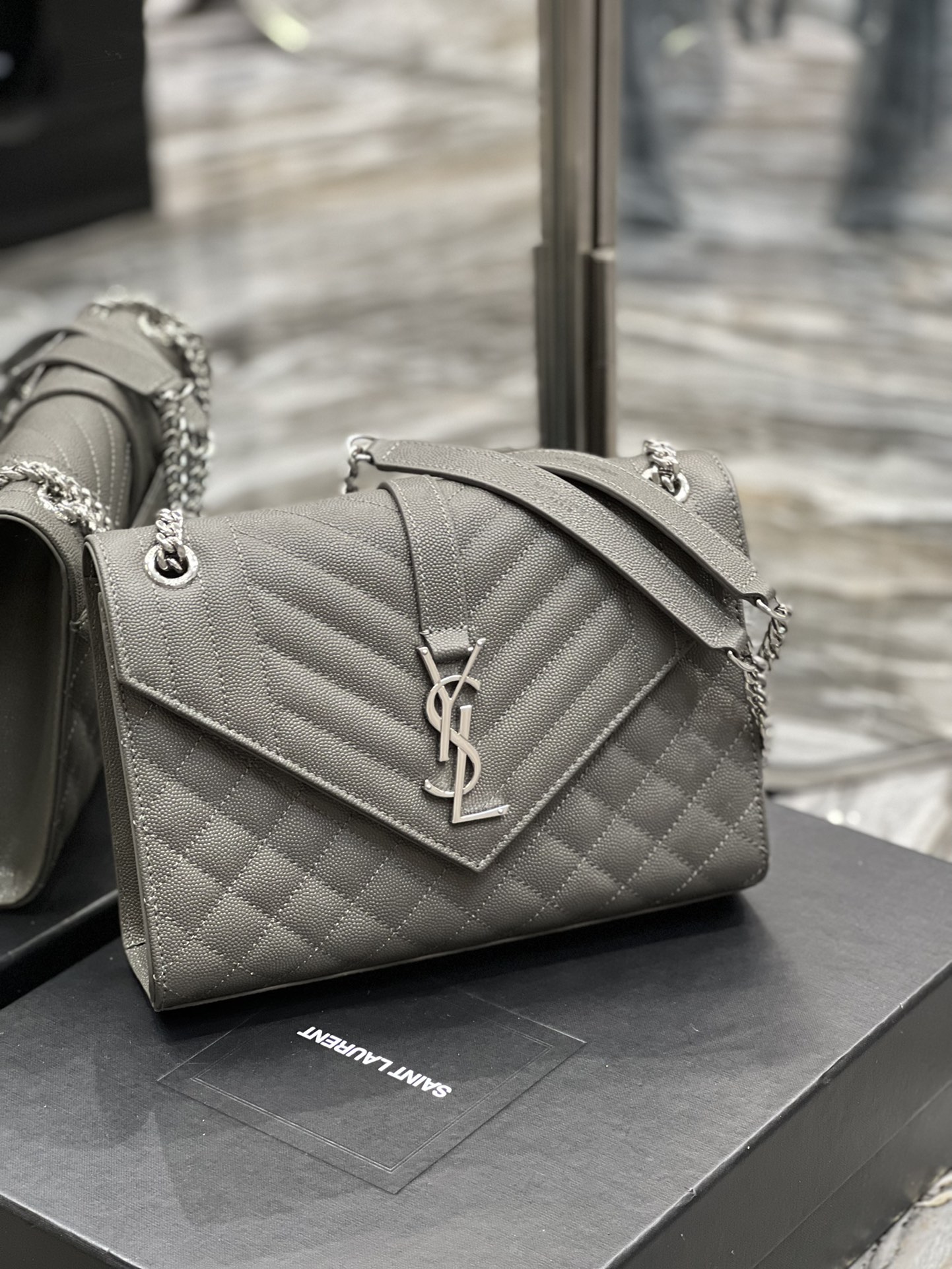 Saint Laurent Envelope Medium Chain Bag Dark Grey For Women, Women’s Bags 9.4in/24cm YSL
