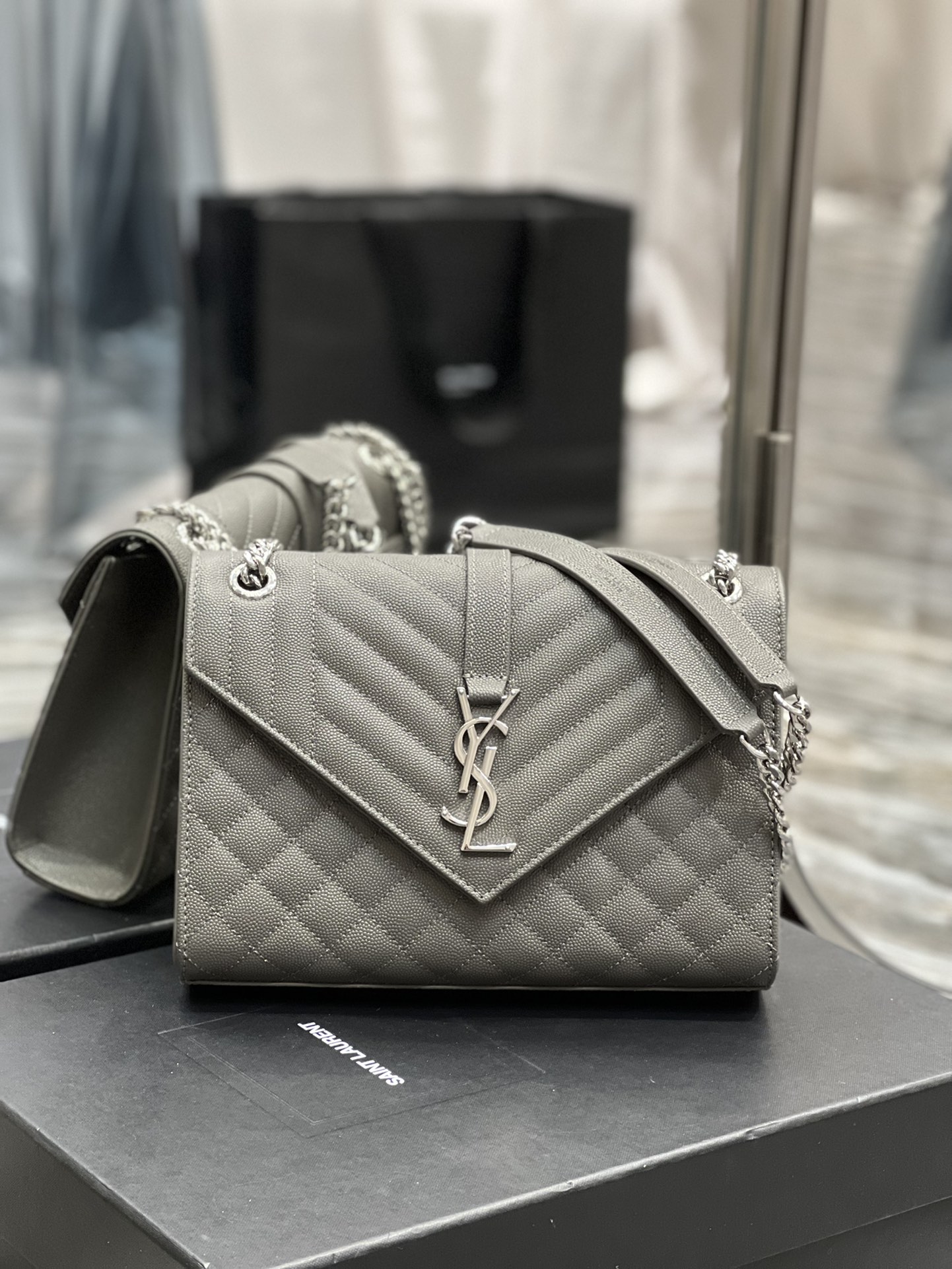 Saint Laurent Envelope Medium Chain Bag Dark Grey For Women, Women’s Bags 9.4in/24cm YSL