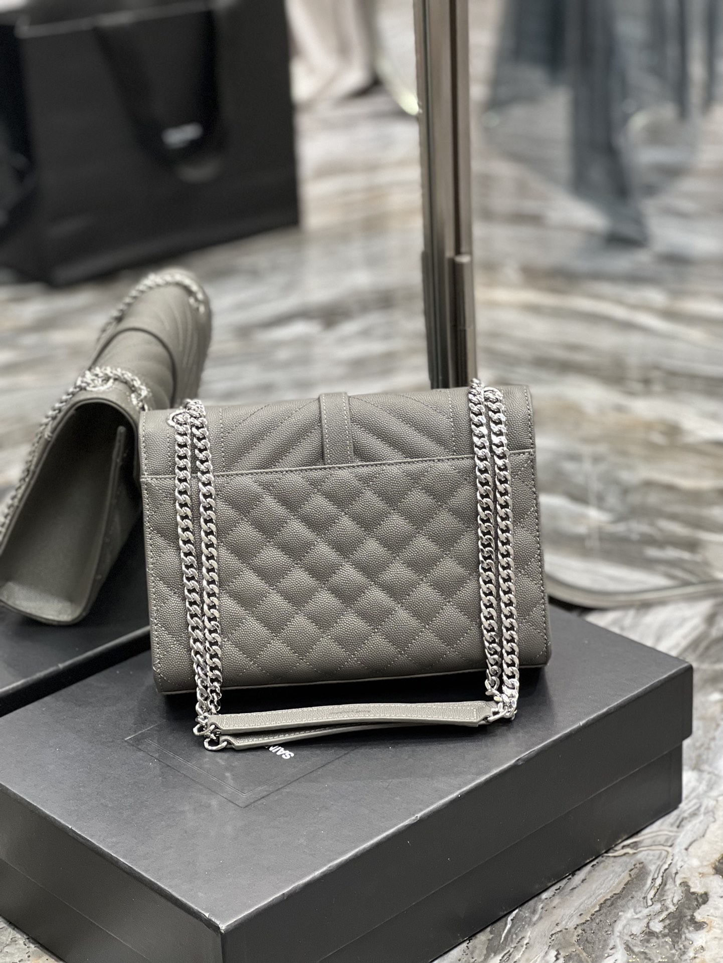 Saint Laurent Envelope Medium Chain Bag Dark Grey For Women, Women’s Bags 9.4in/24cm YSL