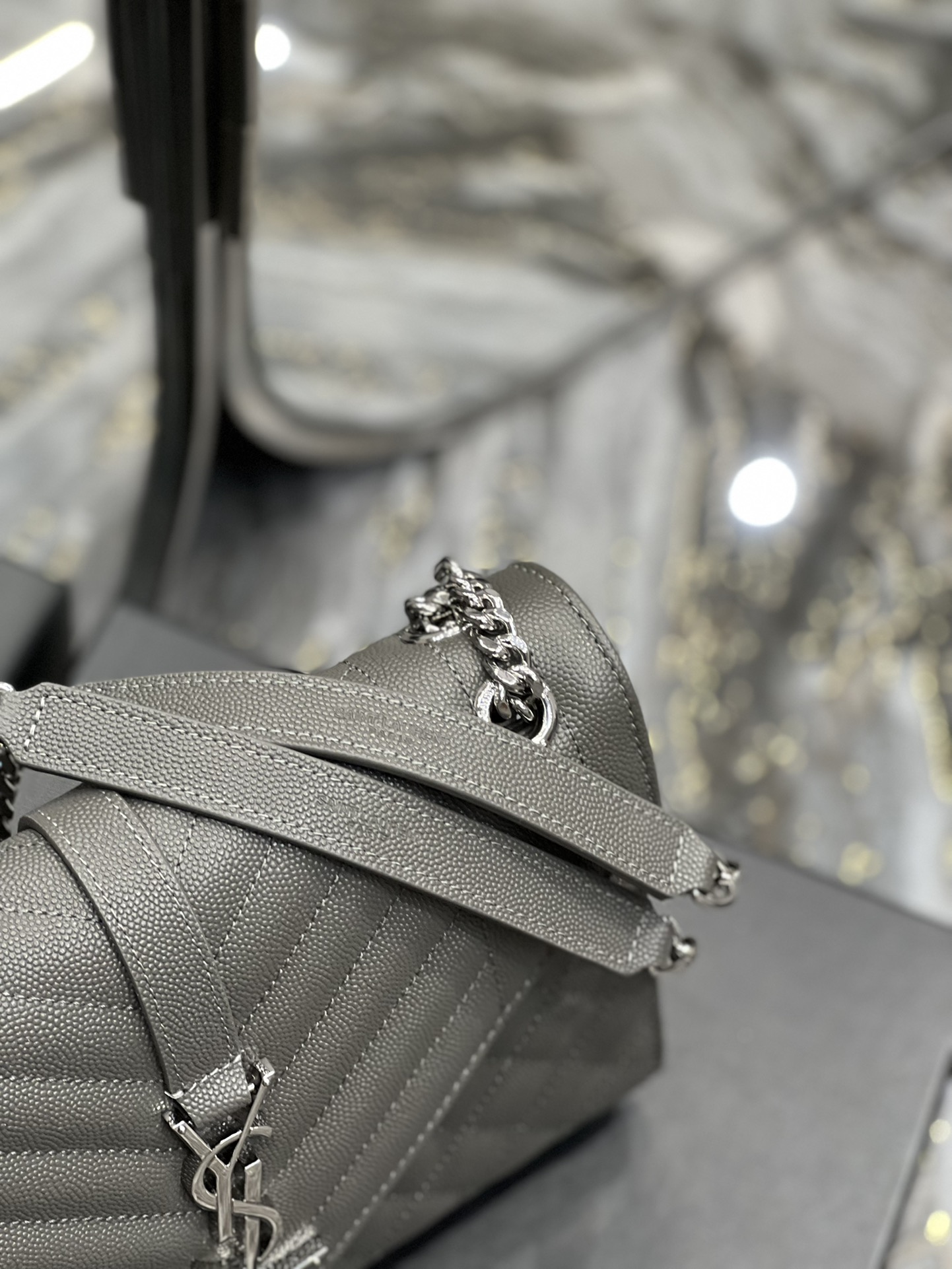 Saint Laurent Envelope Medium Chain Bag Dark Grey For Women, Women’s Bags 9.4in/24cm YSL