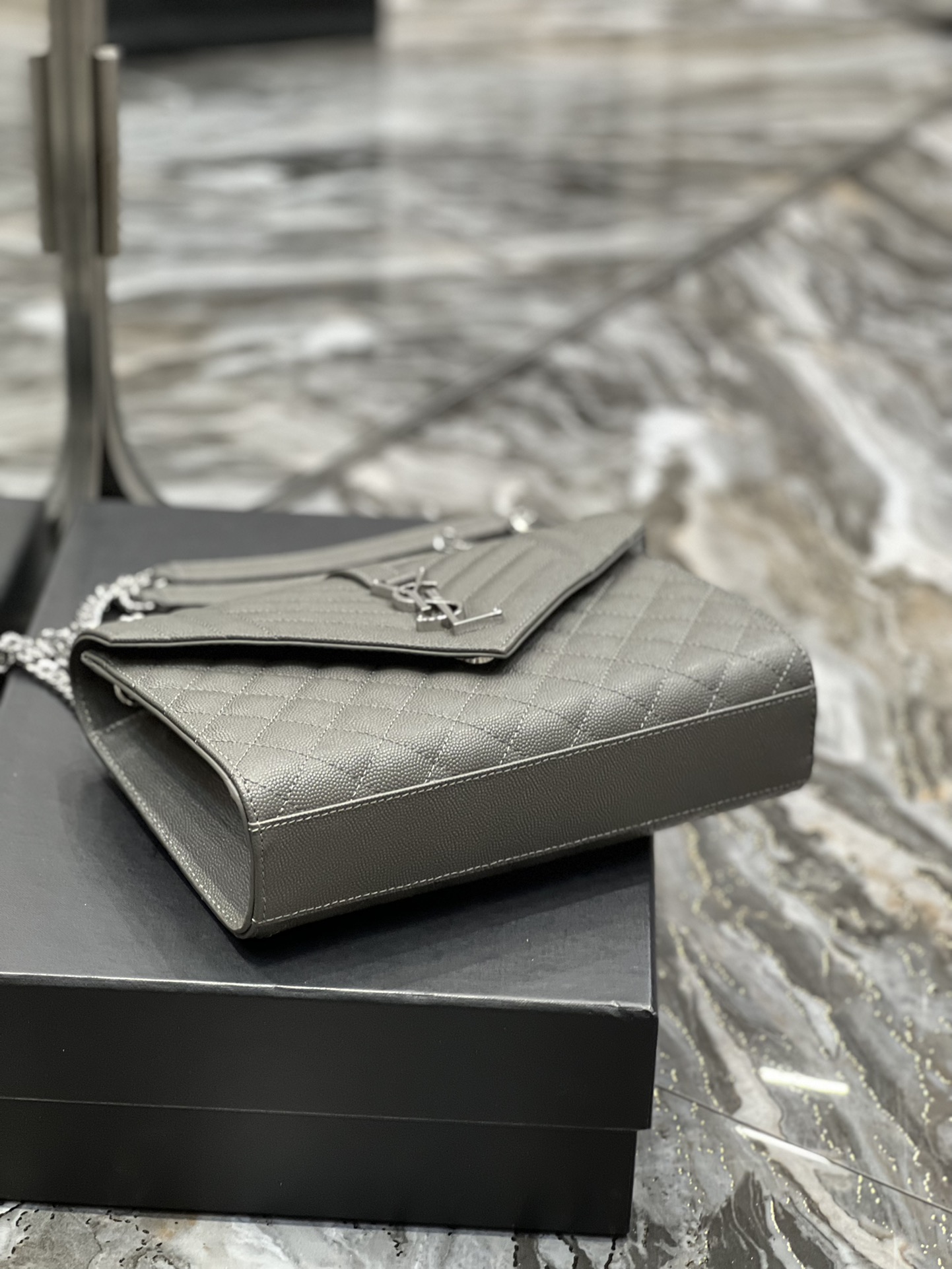 Saint Laurent Envelope Medium Chain Bag Dark Grey For Women, Women’s Bags 9.4in/24cm YSL