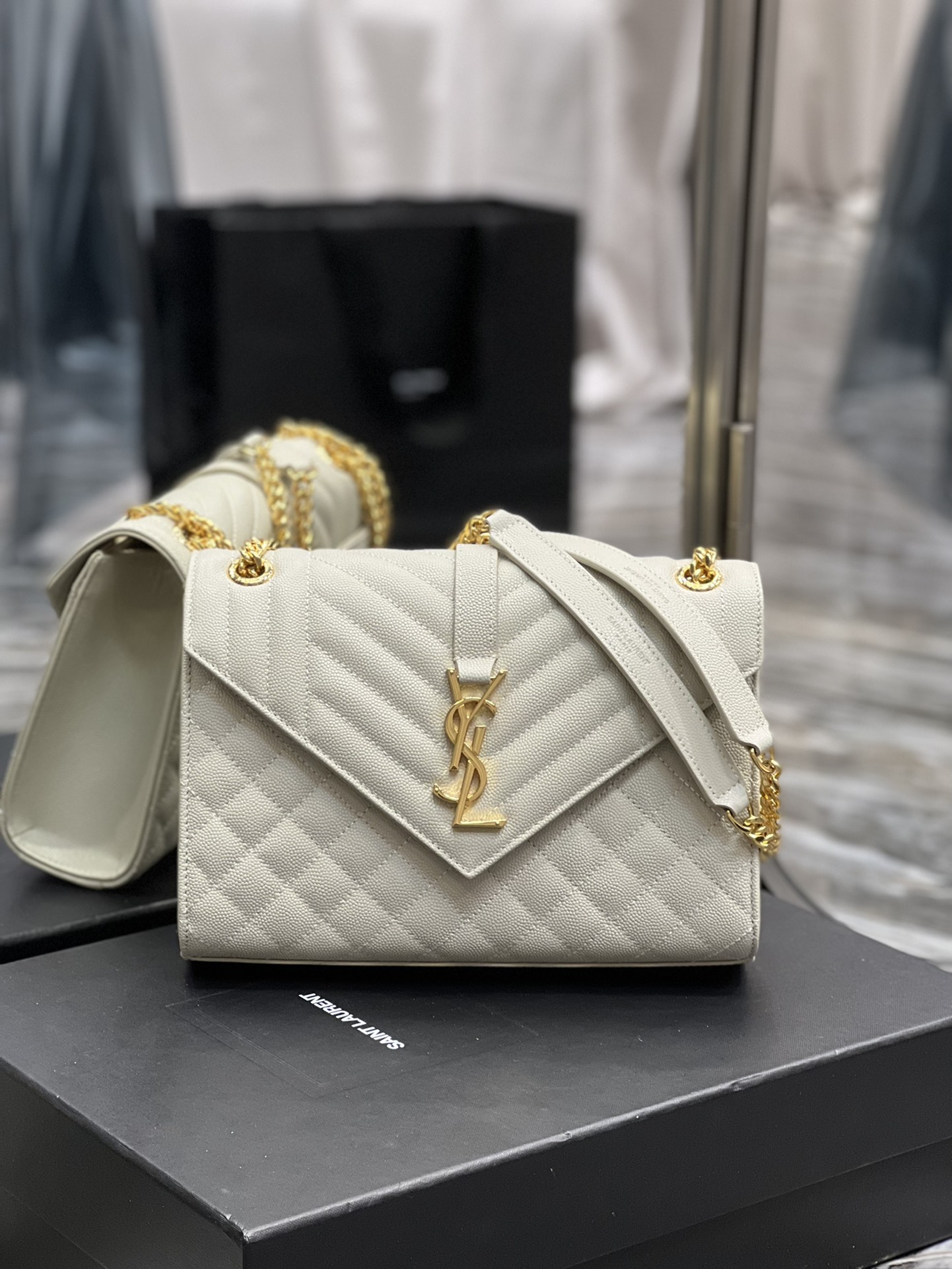 Saint Laurent Envelope Medium Chain Bag White For Women, Women’s Bags 9.4in/24cm YSL