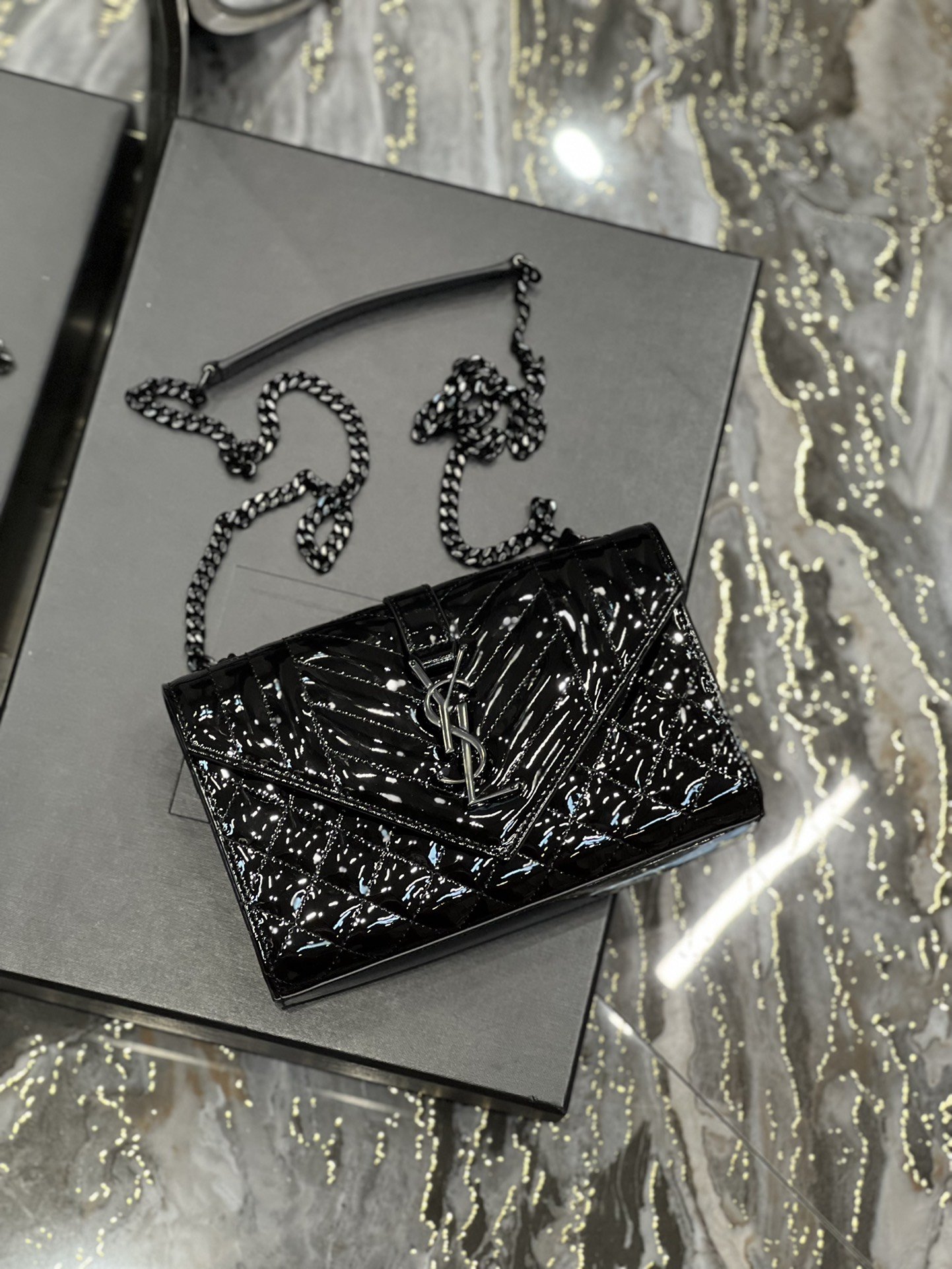 Saint Laurent Envelope Small Bag Black In Mix Matelassé Grain De Poudre Embossed Material For Women 8.2in/21cm YSL