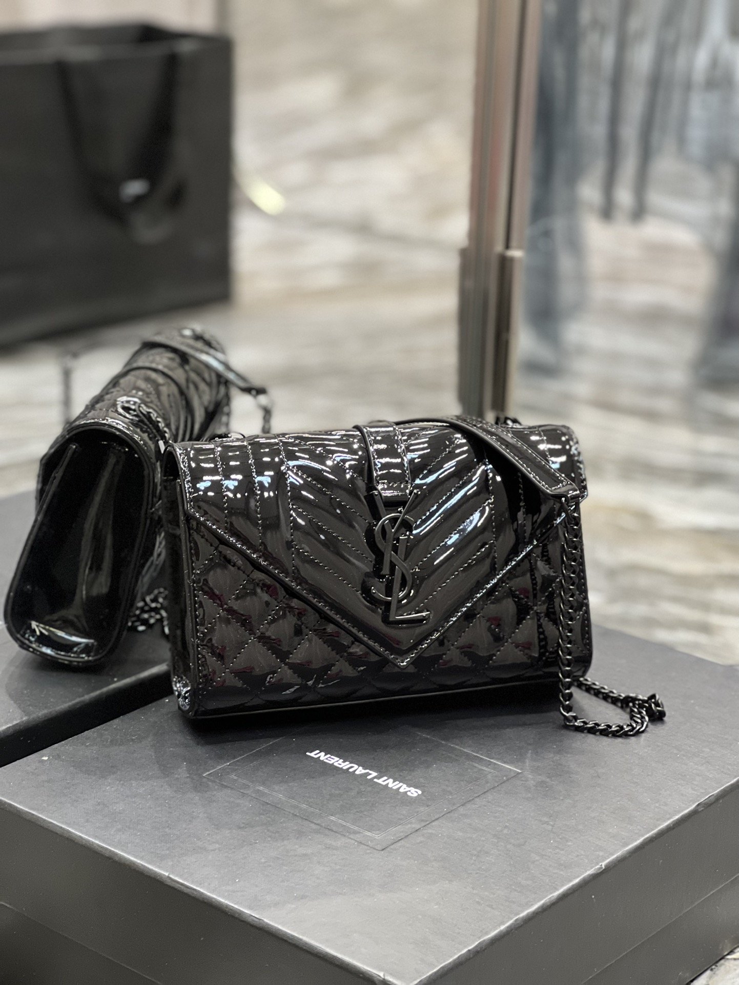 Saint Laurent Envelope Small Bag Black In Mix Matelassé Grain De Poudre Embossed Material For Women 8.2in/21cm YSL