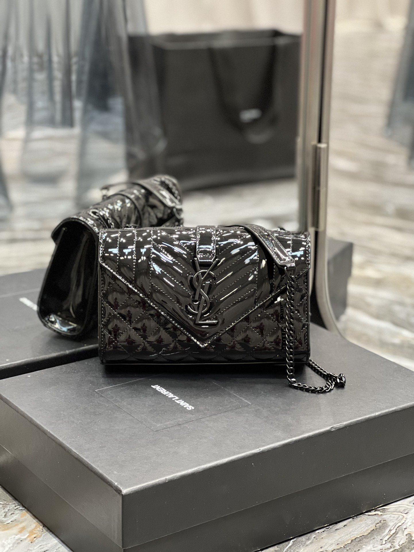 Saint Laurent Envelope Small Bag Black In Mix Matelassé Grain De Poudre Embossed Material For Women 8.2in/21cm YSL