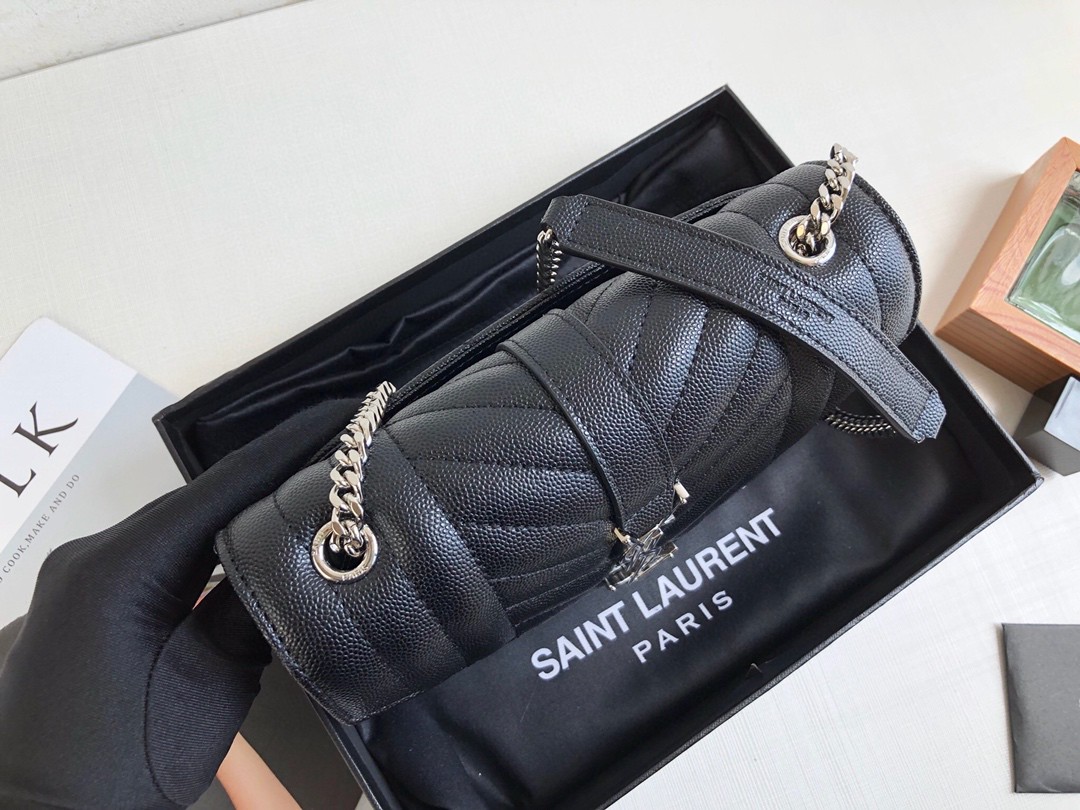 Saint Laurent Envelope Small Bag In Mix Matelassé Grain De Poudre Black For Women 8.2in/21cm YSL