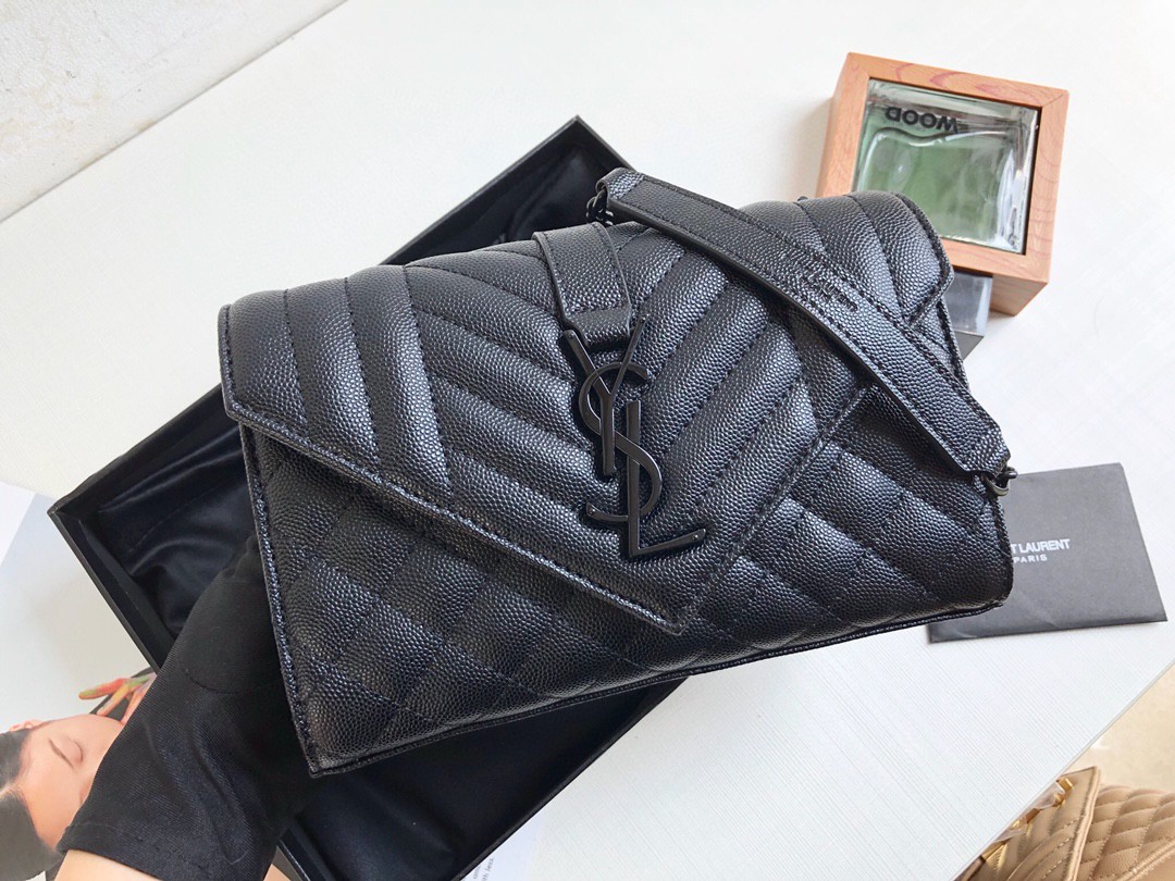 Saint Laurent Envelope Small Bag In Mix Matelassé Grain De Poudre Black For Women 8.2in/21cm YSL