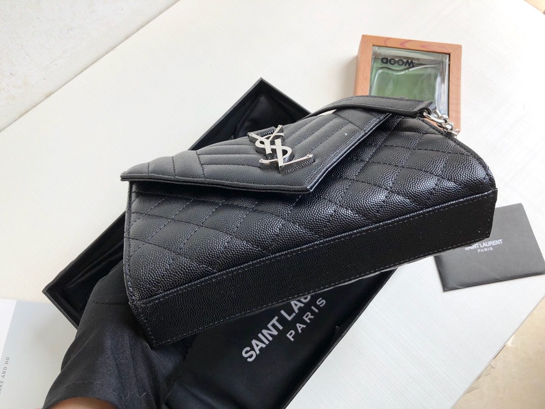 Saint Laurent Envelope Small Bag In Mix Matelassé Grain De Poudre Black For Women 8.2in/21cm YSL
