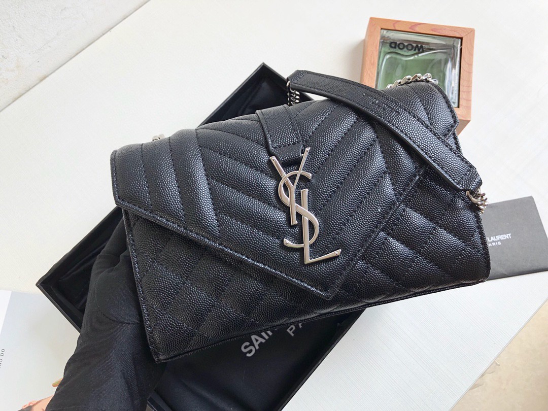 Saint Laurent Envelope Small Bag In Mix Matelassé Grain De Poudre Black For Women 8.2in/21cm YSL