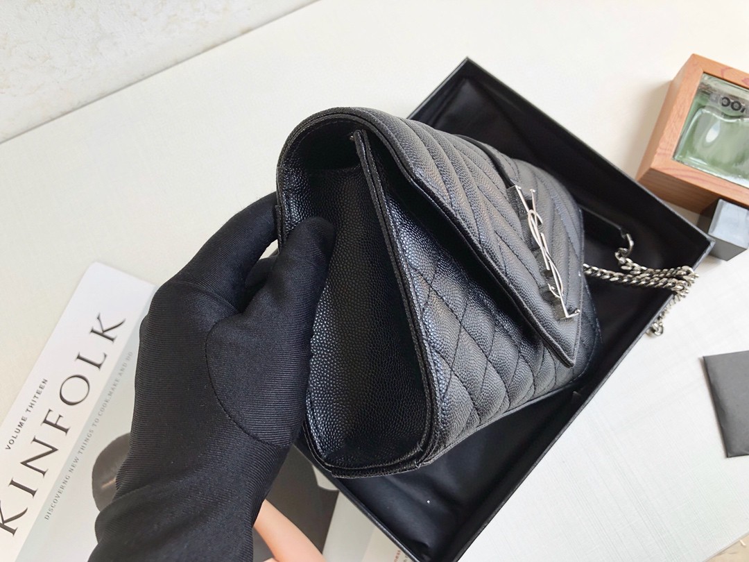 Saint Laurent Envelope Small Bag In Mix Matelassé Grain De Poudre Black For Women 8.2in/21cm YSL