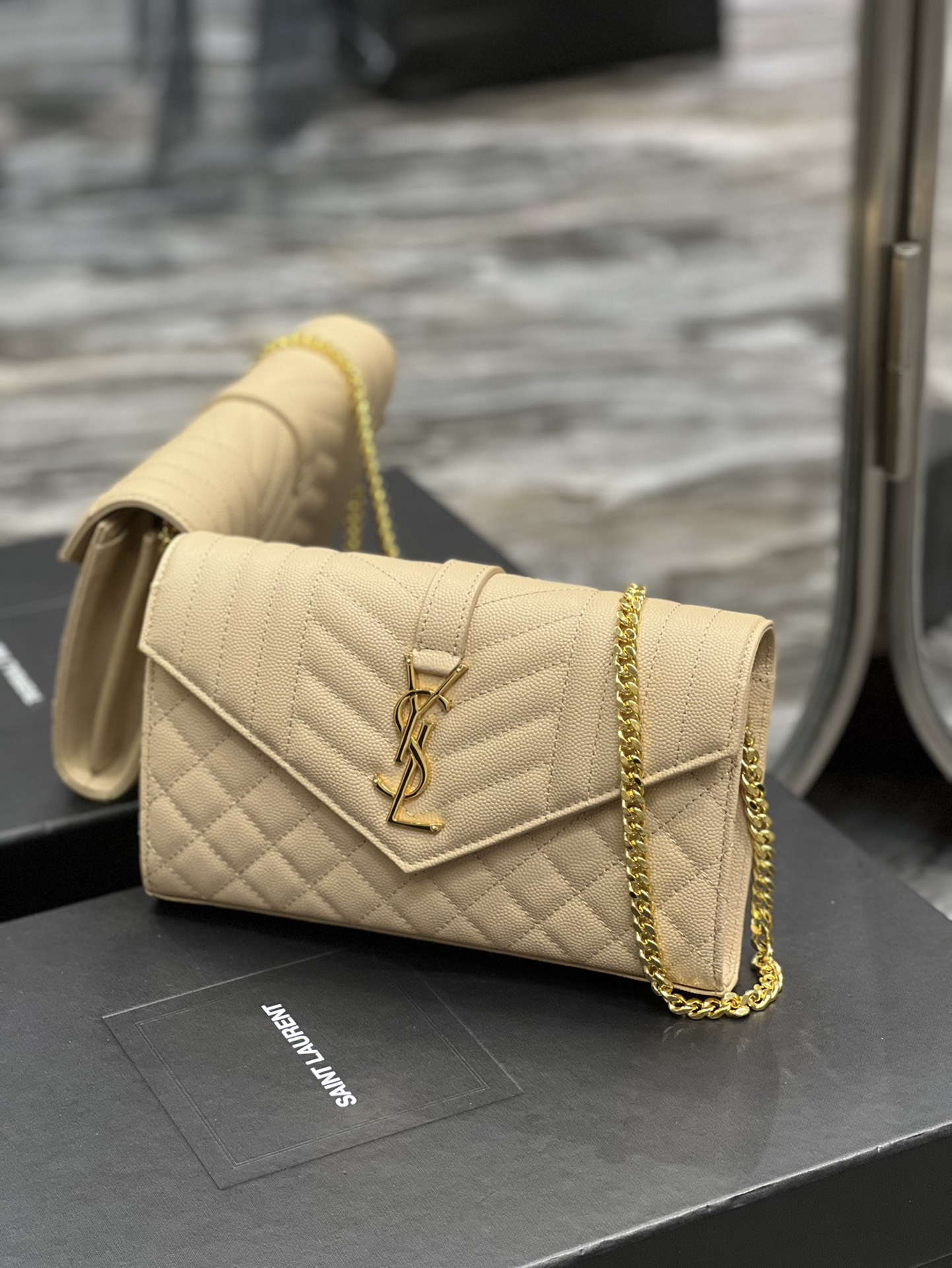 Saint Laurent Envelope Small Chain Bag Beige For Women, Women’s Bags 8.6in/22cm YSL