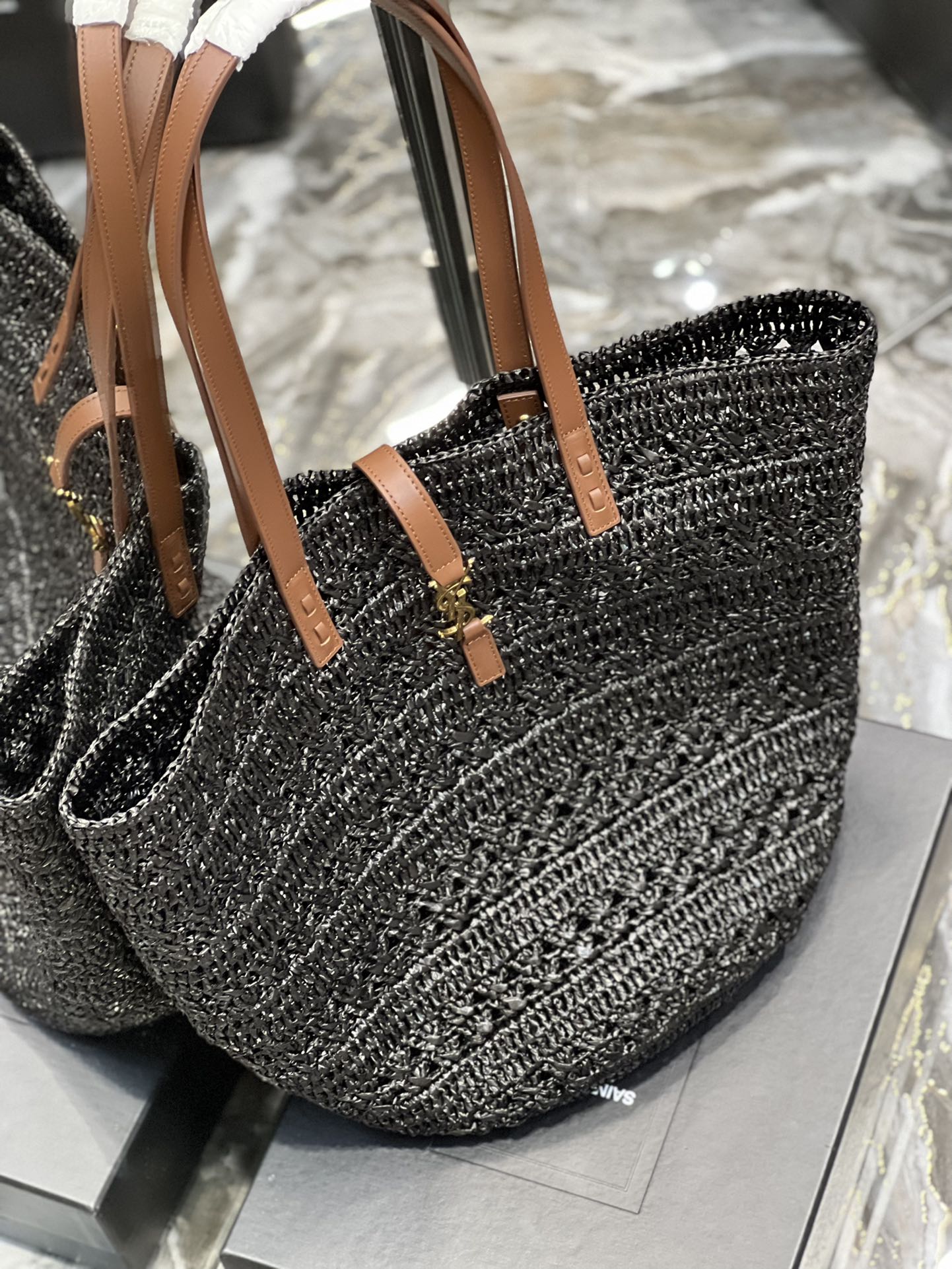 Saint Laurent Hollow Straw Woven Tote Bag Black For Women, Women’s Bags 21.6in/55cm YSL