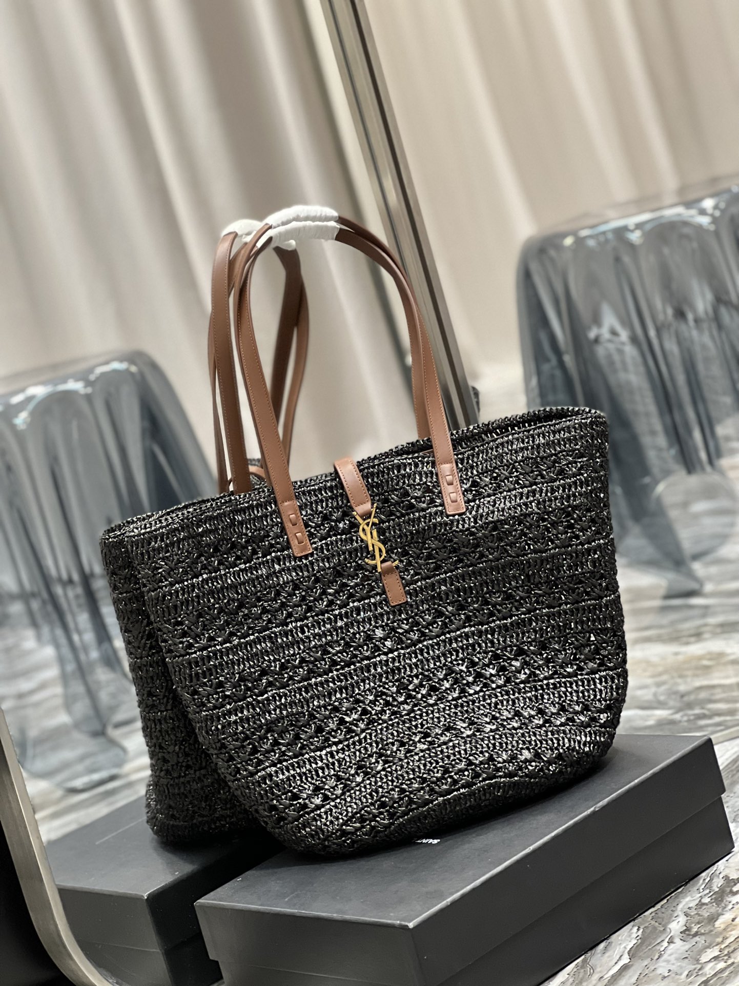 Saint Laurent Hollow Straw Woven Tote Bag Black For Women, Women’s Bags 21.6in/55cm YSL