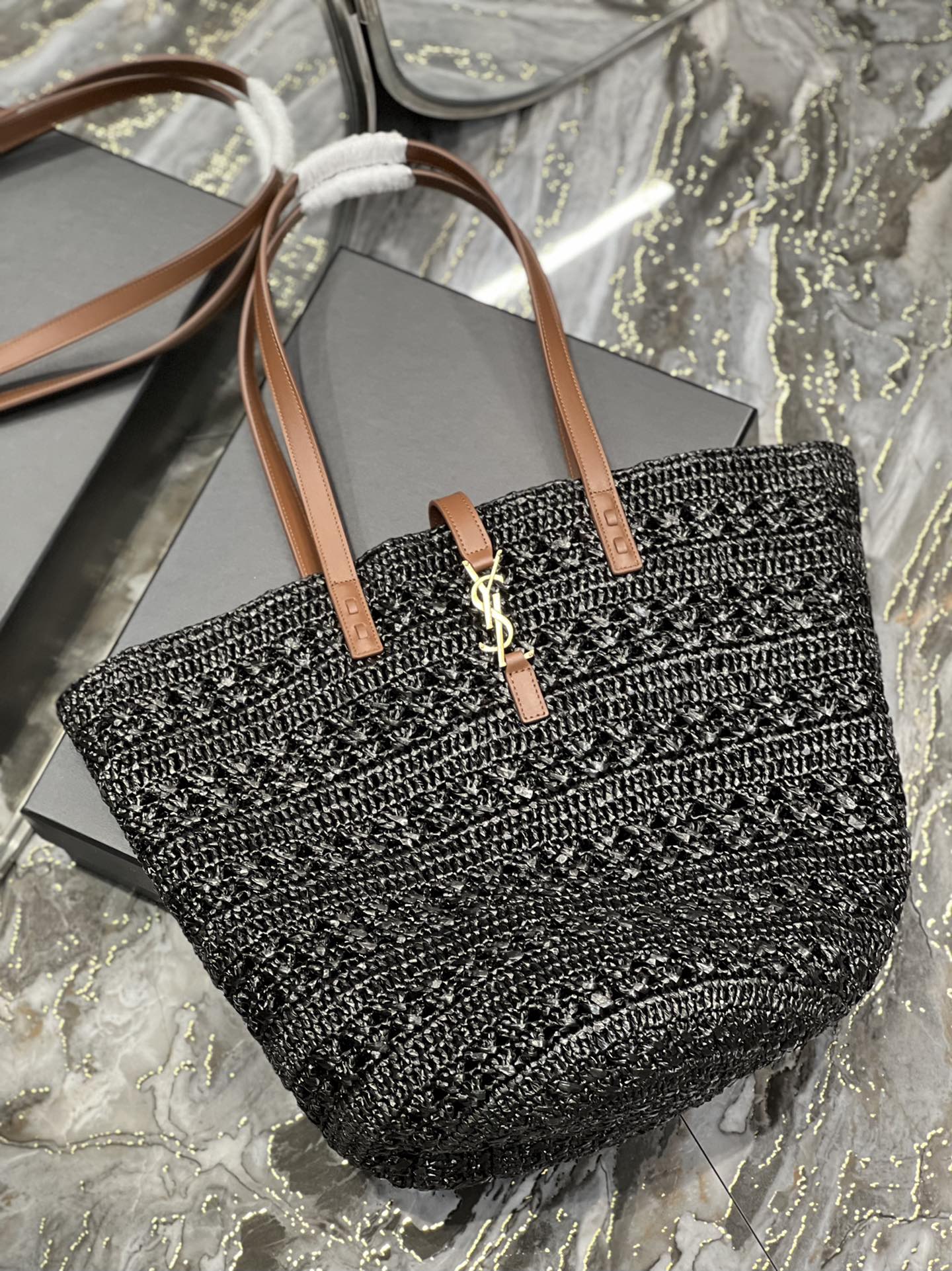 Saint Laurent Hollow Straw Woven Tote Bag Black For Women, Women’s Bags 21.6in/55cm YSL