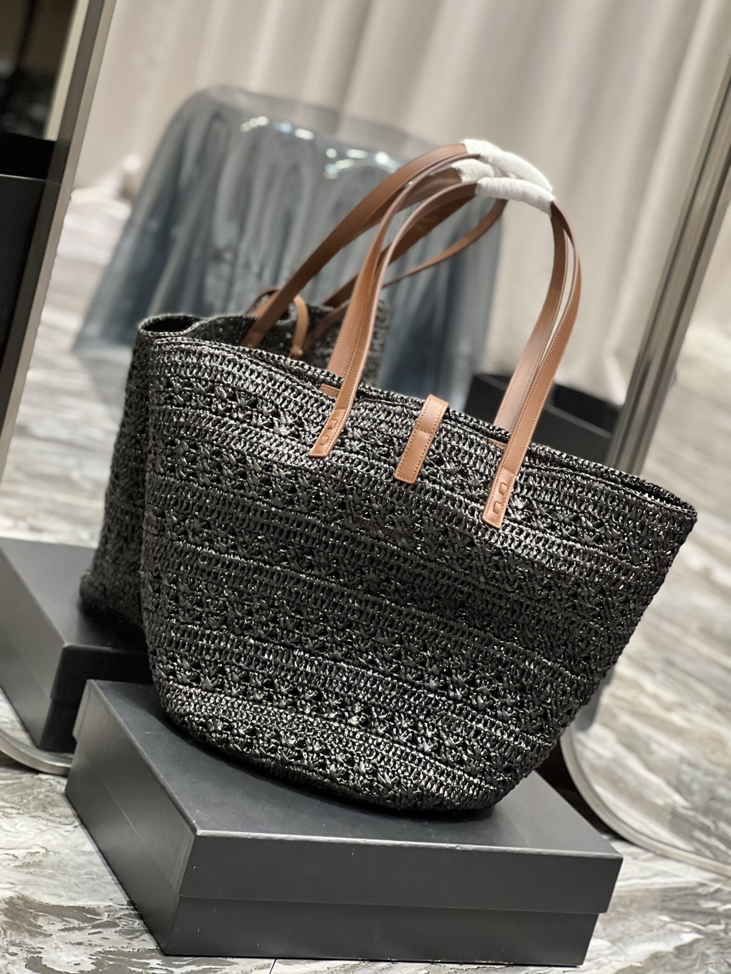 Saint Laurent Hollow Straw Woven Tote Bag Black For Women, Women’s Bags 21.6in/55cm YSL