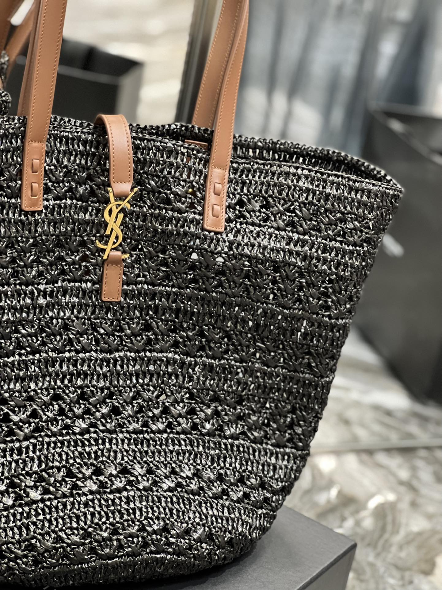 Saint Laurent Hollow Straw Woven Tote Bag Black For Women, Women’s Bags 21.6in/55cm YSL