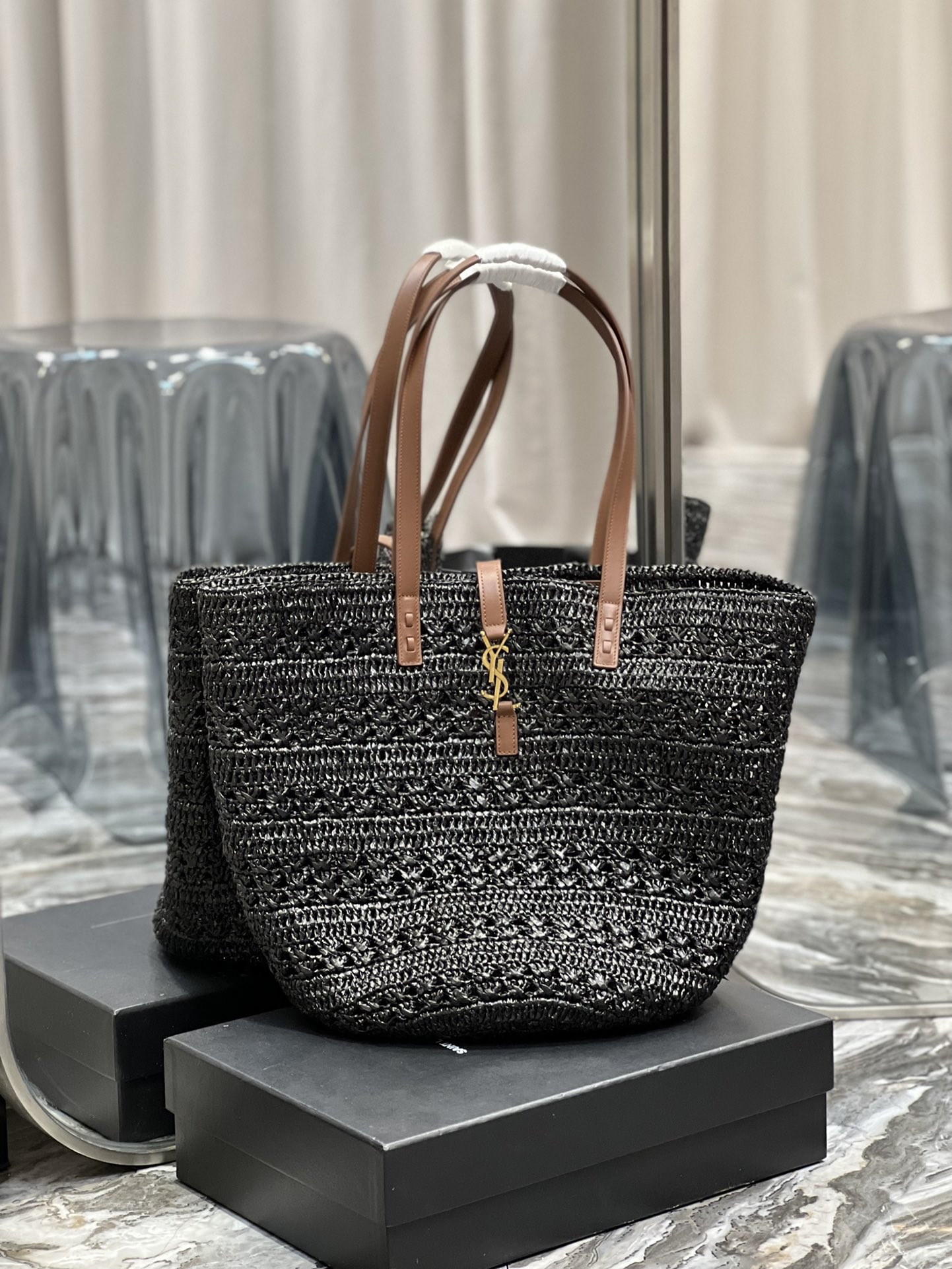Saint Laurent Hollow Straw Woven Tote Bag Black For Women, Women’s Bags 21.6in/55cm YSL
