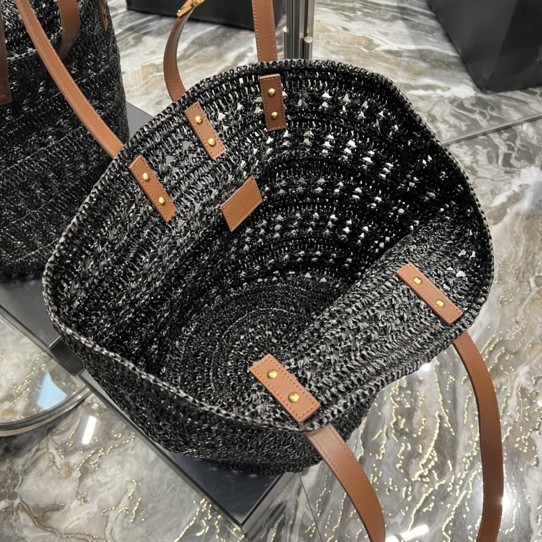Saint Laurent Hollow Straw Woven Tote Bag Black For Women, Women’s Bags 21.6in/55cm YSL