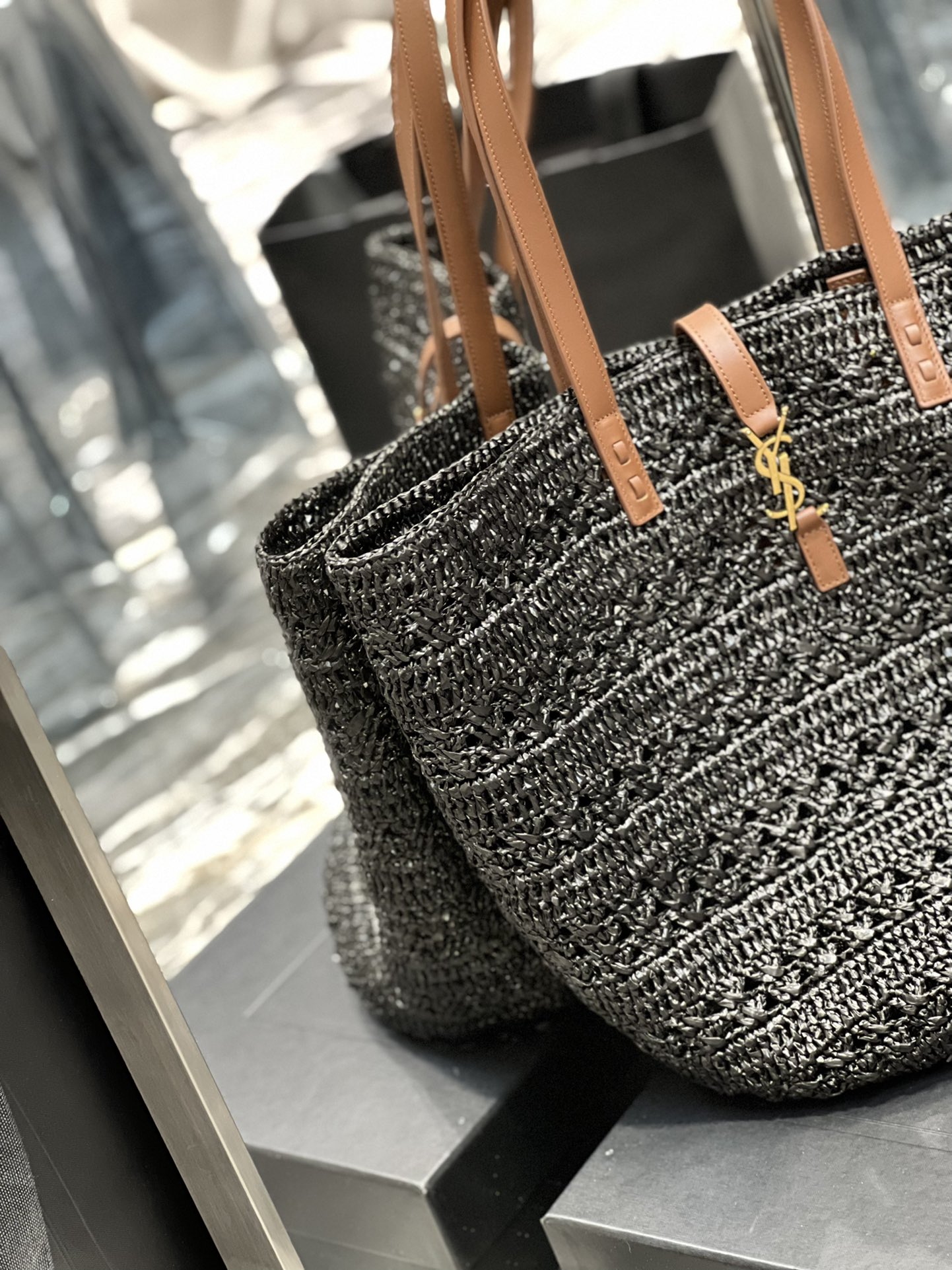 Saint Laurent Hollow Straw Woven Tote Bag Black For Women, Women’s Bags 21.6in/55cm YSL