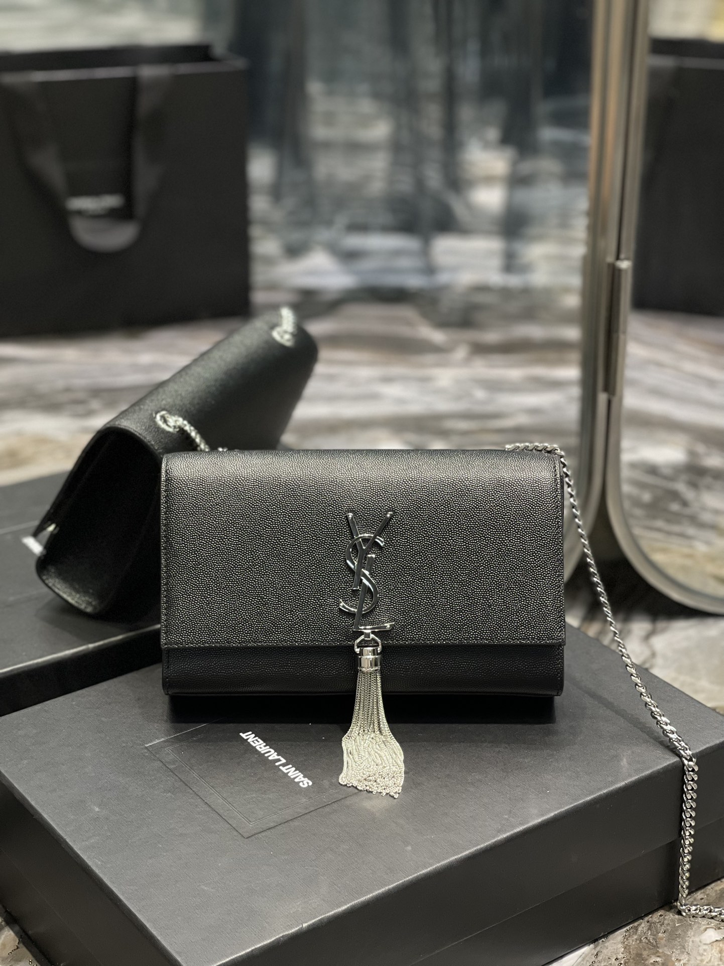 Saint Laurent Kata Medium Chain Bag Black With Tassel For Women 9.4in/24cm