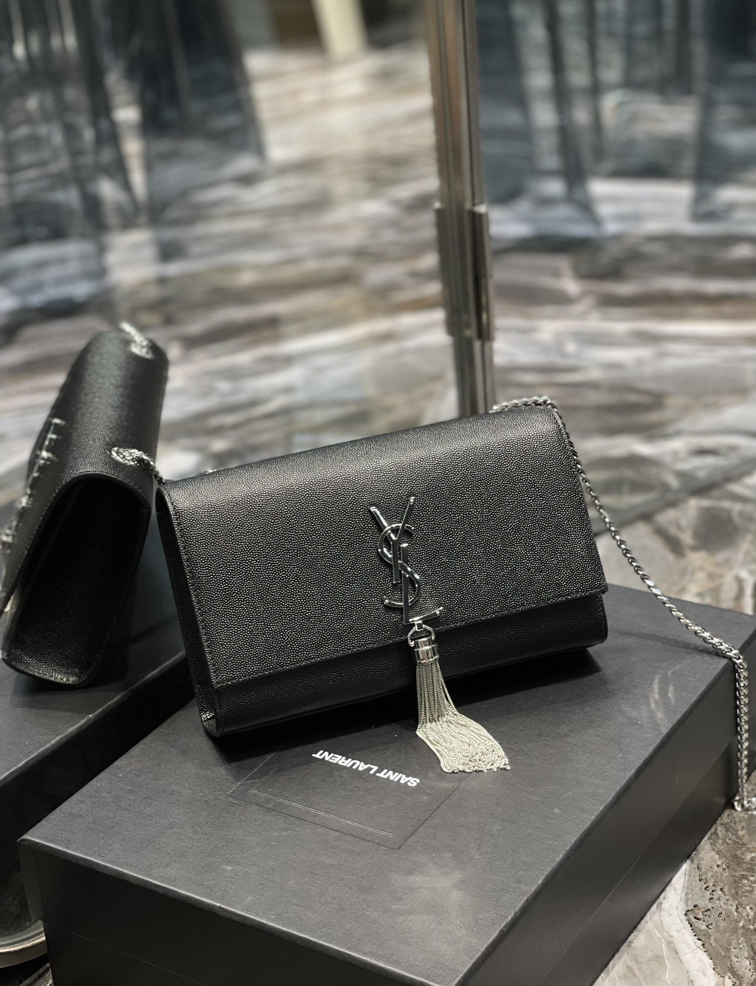 Saint Laurent Kata Medium Chain Bag Black With Tassel For Women 9.4in/24cm