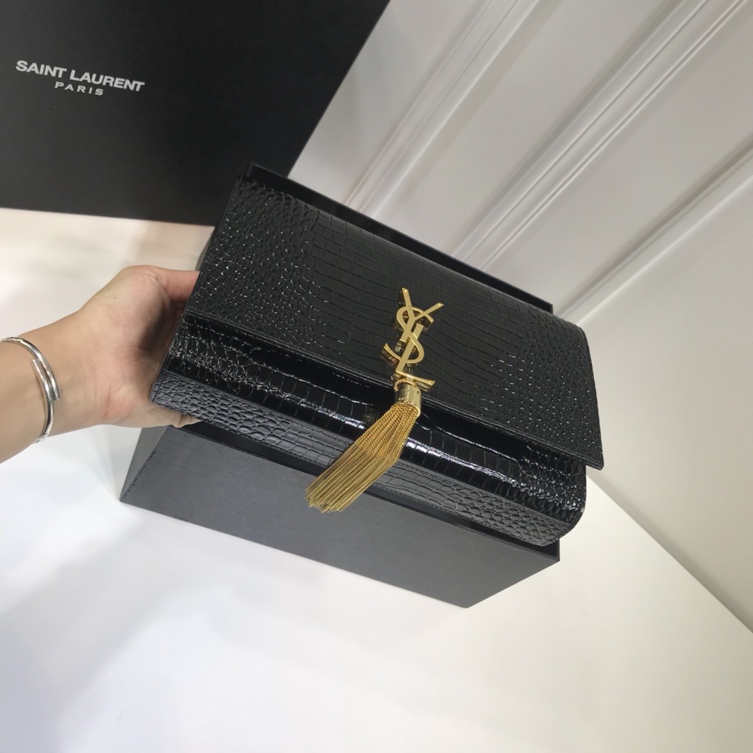 Saint Laurent Kate Medium Chain Bag With Tassel In Embossed Crocodile Black For Women 9.4in/24cm