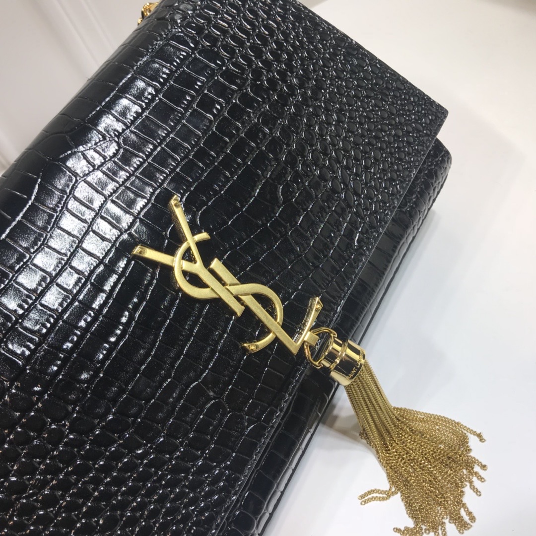 Saint Laurent Kate Medium Chain Bag With Tassel In Embossed Crocodile Black For Women 9.4in/24cm
