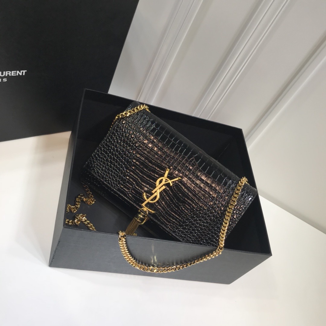 Saint Laurent Kate Medium Chain Bag With Tassel In Embossed Crocodile Black For Women 9.4in/24cm