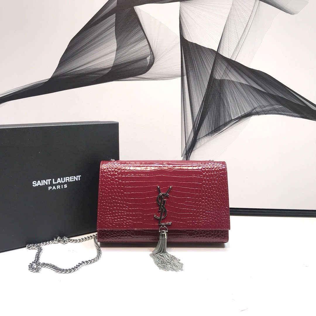 Saint Laurent Kate Medium Chain Bag With Tassel In Embossed Crocodile Burgundy For Women 9.4in/24cm YSL