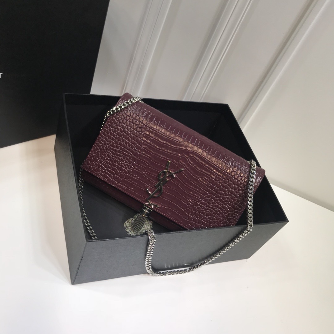 Saint Laurent Kate Medium Chain Bag With Tassel In Embossed Crocodile Dark Violet For Women 9.4in/24cm YSL
