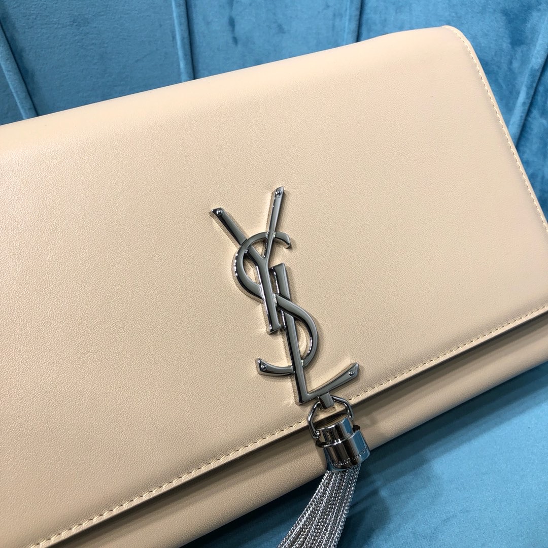 Saint Laurent Kate Medium Chain Bag With Tassel In Grain De Poudre Beige For Women 9.4in/24cm YSL 