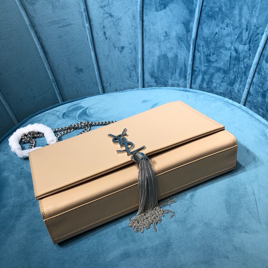 Saint Laurent Kate Medium Chain Bag With Tassel In Grain De Poudre Beige For Women 9.4in/24cm YSL 