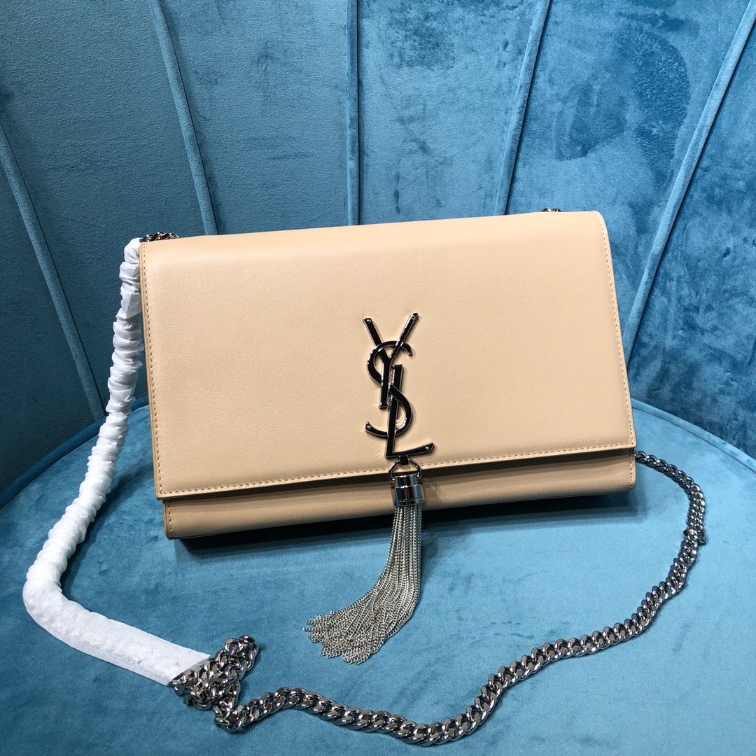 Saint Laurent Kate Medium Chain Bag With Tassel In Grain De Poudre Beige For Women 9.4in/24cm YSL 