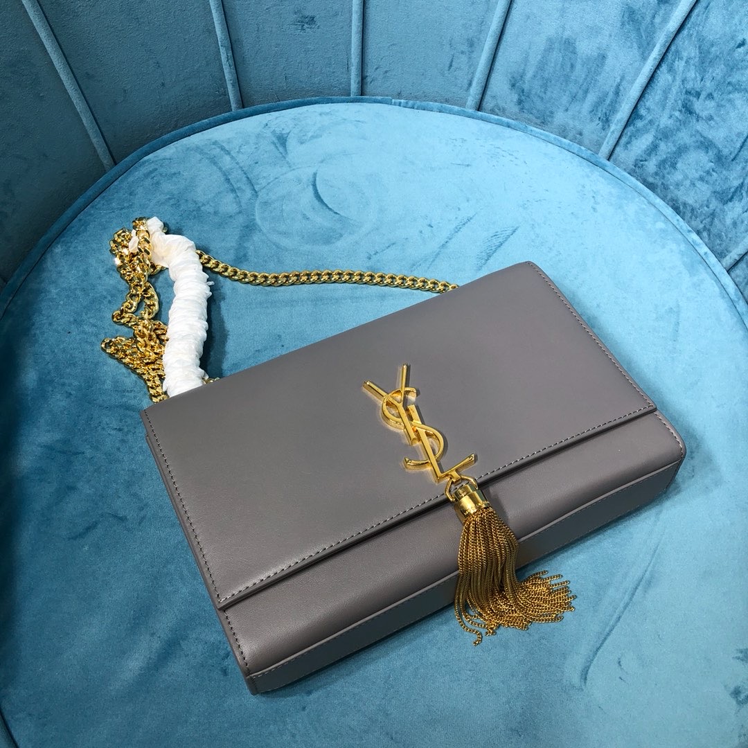Saint Laurent Kate Medium Chain Bag With Tassel In Grain De Poudre Grey For Women 9.4in/24cm YSL