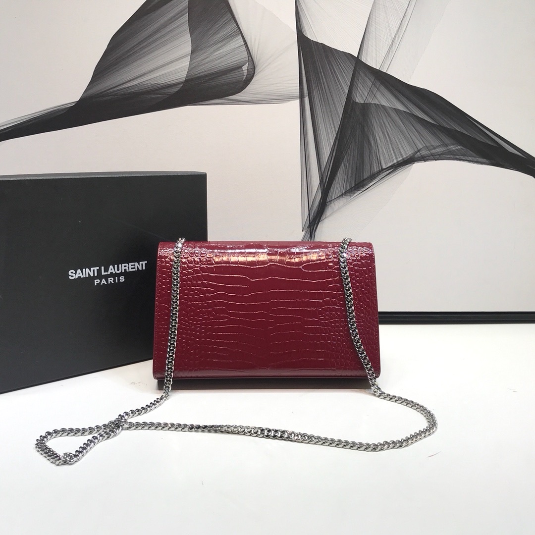 Saint Laurent Kate Medium Chain Bag With Tassel In Shiny-Embossed Burgundy For Women 9.4in/24cm 