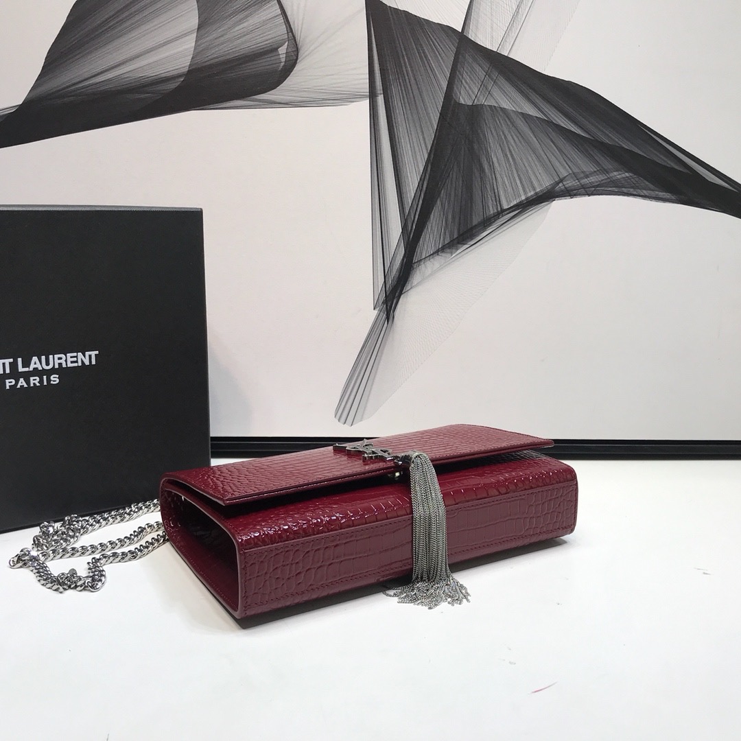 Saint Laurent Kate Medium Chain Bag With Tassel In Shiny-Embossed Burgundy For Women 9.4in/24cm 