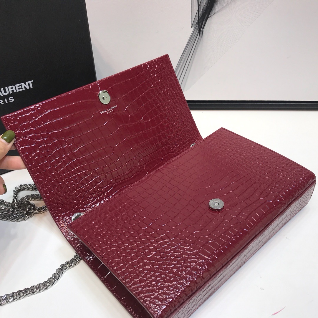Saint Laurent Kate Medium Chain Bag With Tassel In Shiny-Embossed Burgundy For Women 9.4in/24cm 