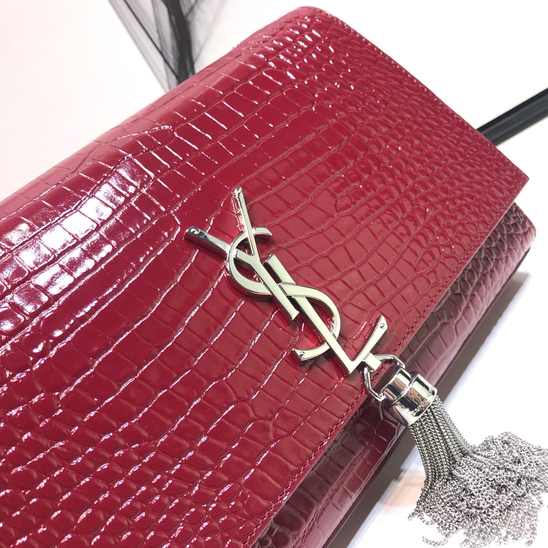 Saint Laurent Kate Medium Chain Bag With Tassel In Shiny-Embossed Burgundy For Women 9.4in/24cm 