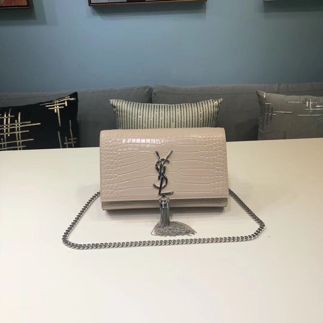 Saint Laurent Kate Small Chain Bag With Tassel In Embossed Beige For Women 7.8in/20cm YSL 