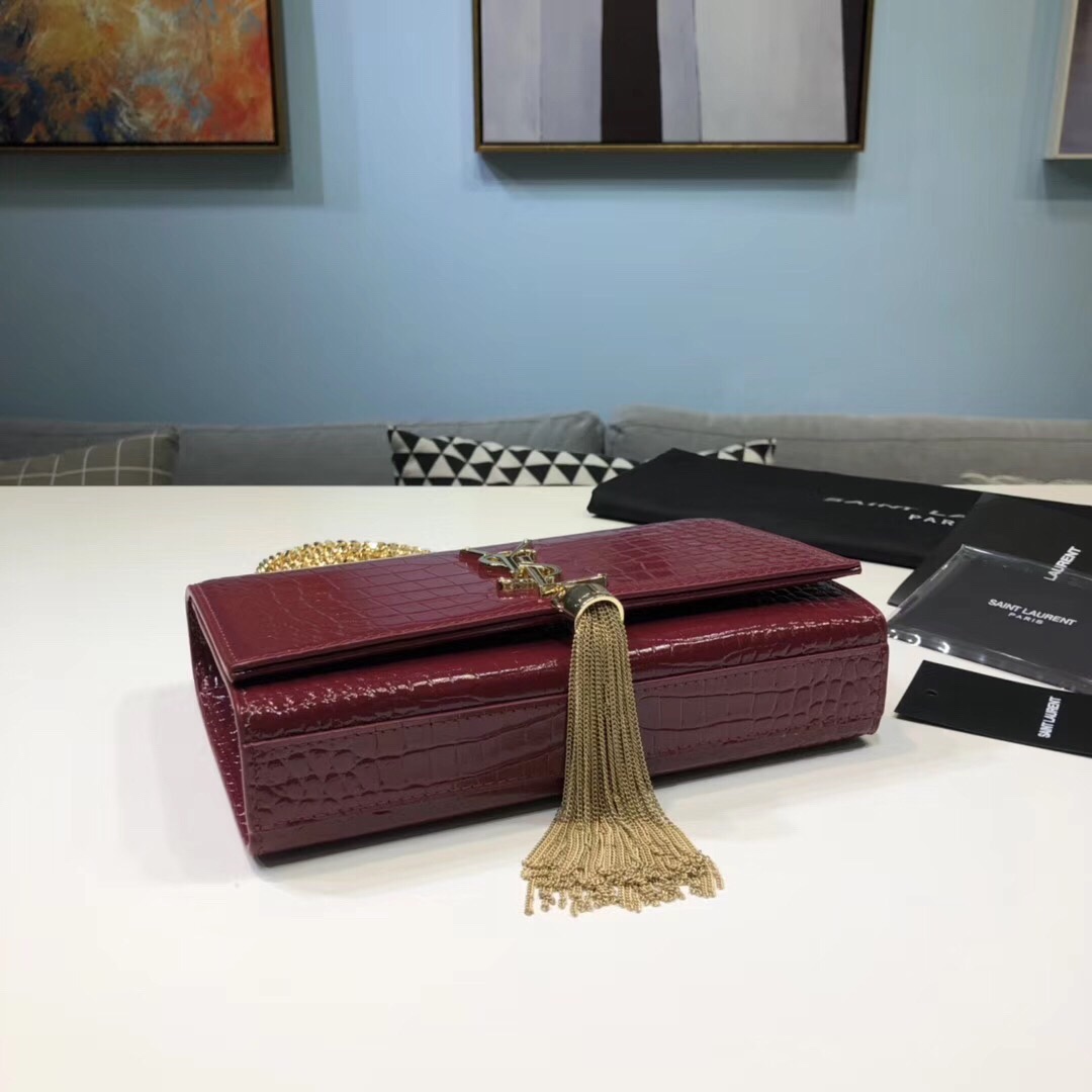 Saint Laurent Kate Small Chain Bag With Tassel In Embossed Burgundy For Women 7.8in/20cm YSL 