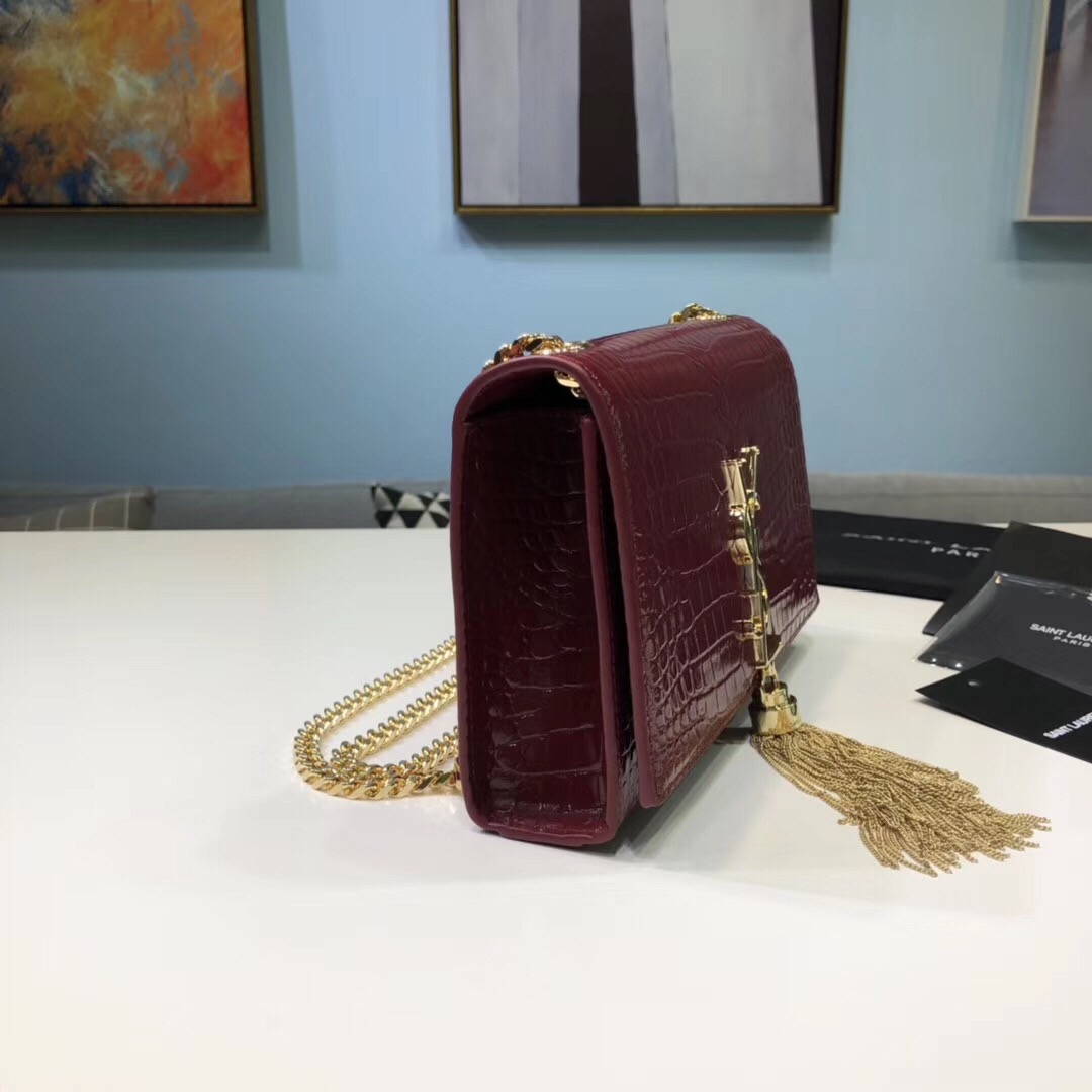 Saint Laurent Kate Small Chain Bag With Tassel In Embossed Burgundy For Women 7.8in/20cm YSL 