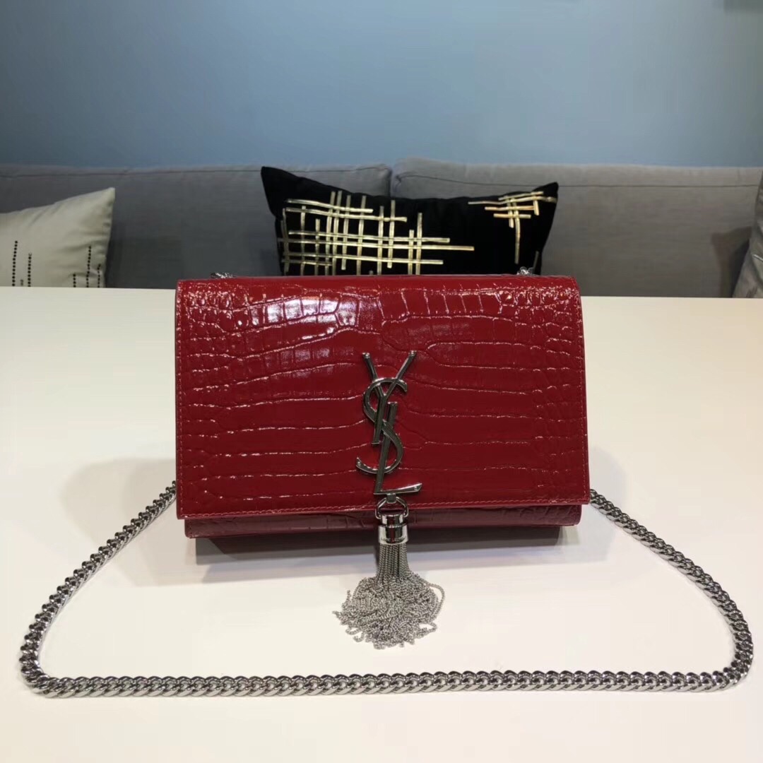 Saint Laurent Kate Small Chain Bag With Tassel In Embossed Burgundy For Women 7.8in/20cm YSL 