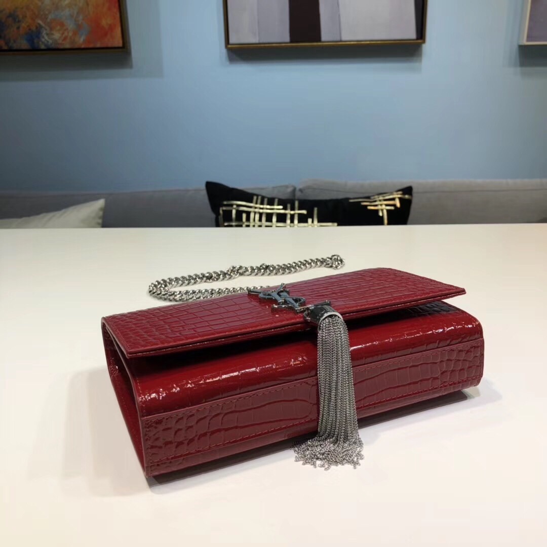 Saint Laurent Kate Small Chain Bag With Tassel In Embossed Burgundy For Women 7.8in/20cm YSL 